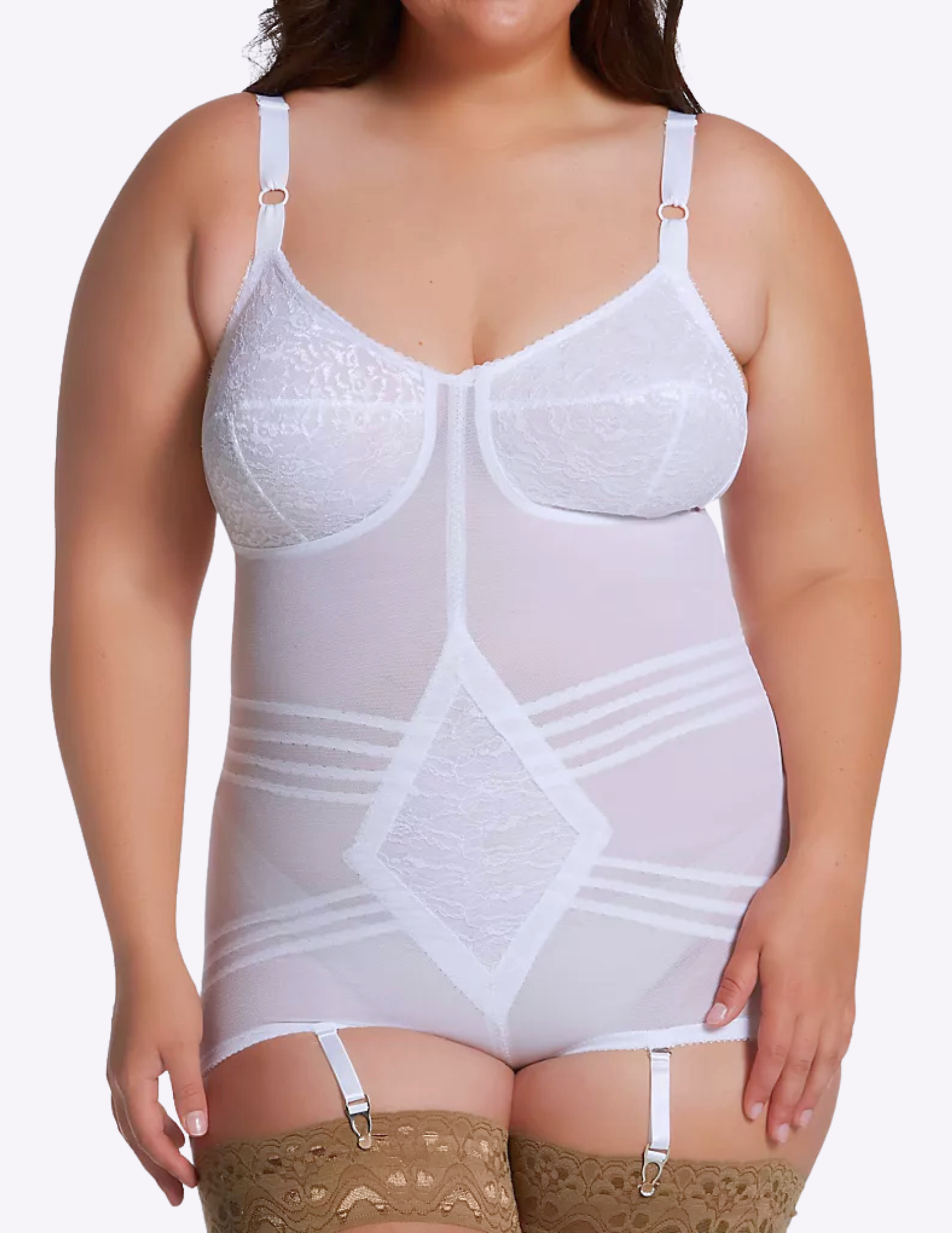 Front view of plus size model wearing RAGO Style 9051 in White