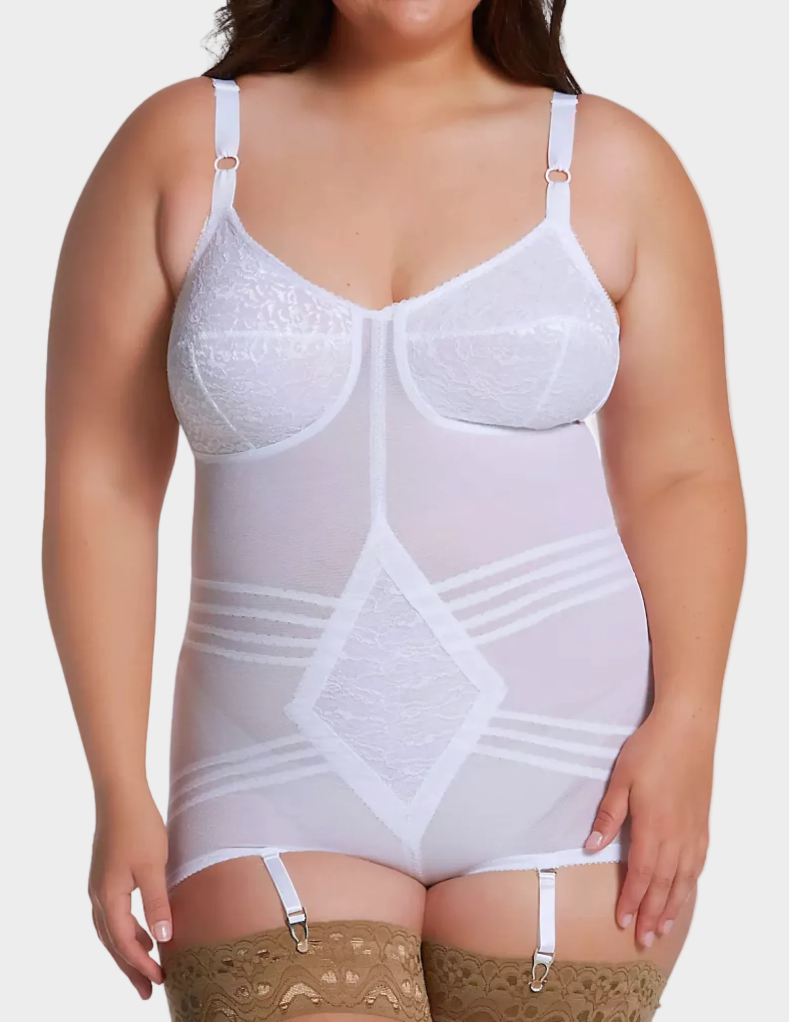 Front view of plus size model wearing RAGO Style 9051 in White