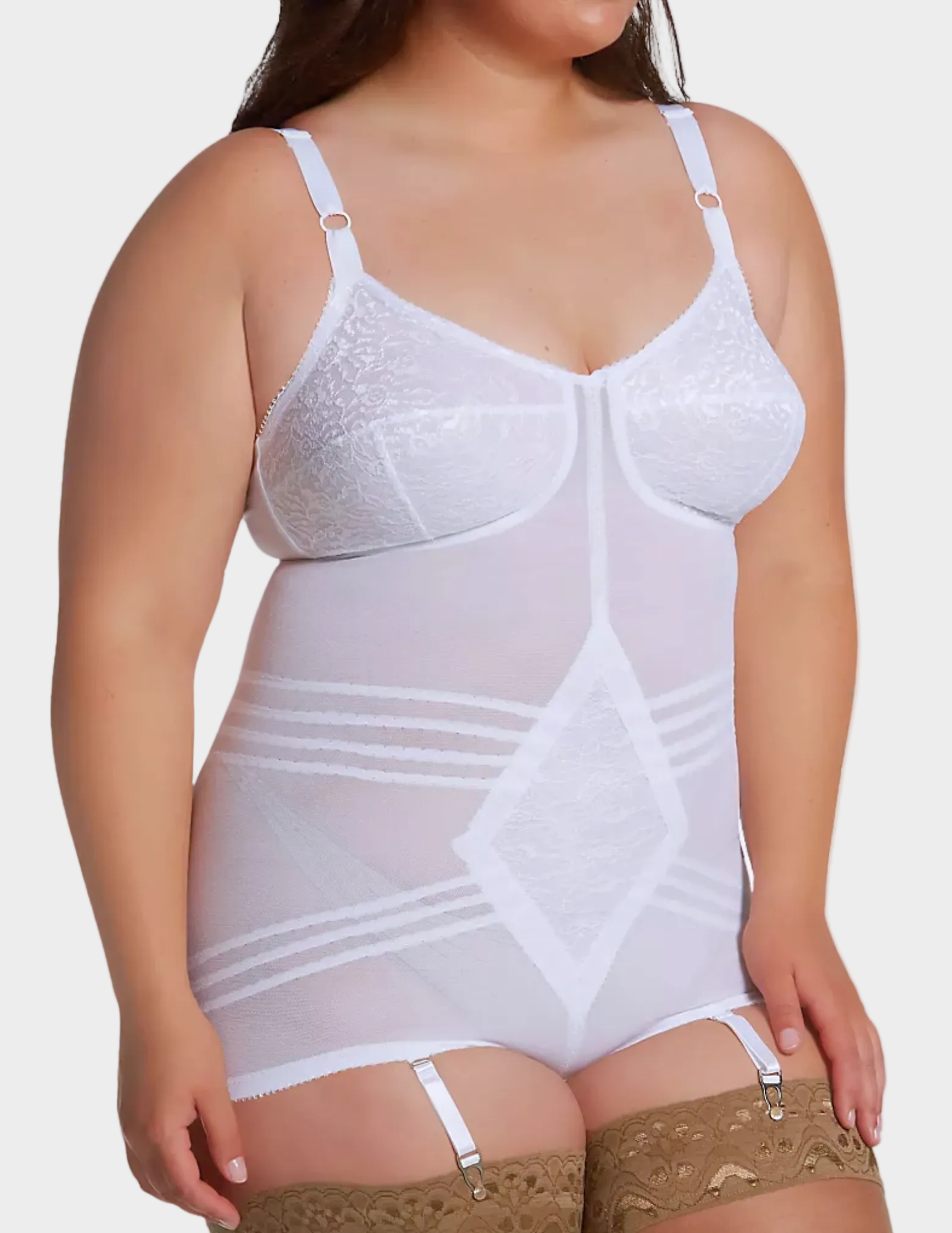 side view of plus size model wearing RAGO Style 9051 in White