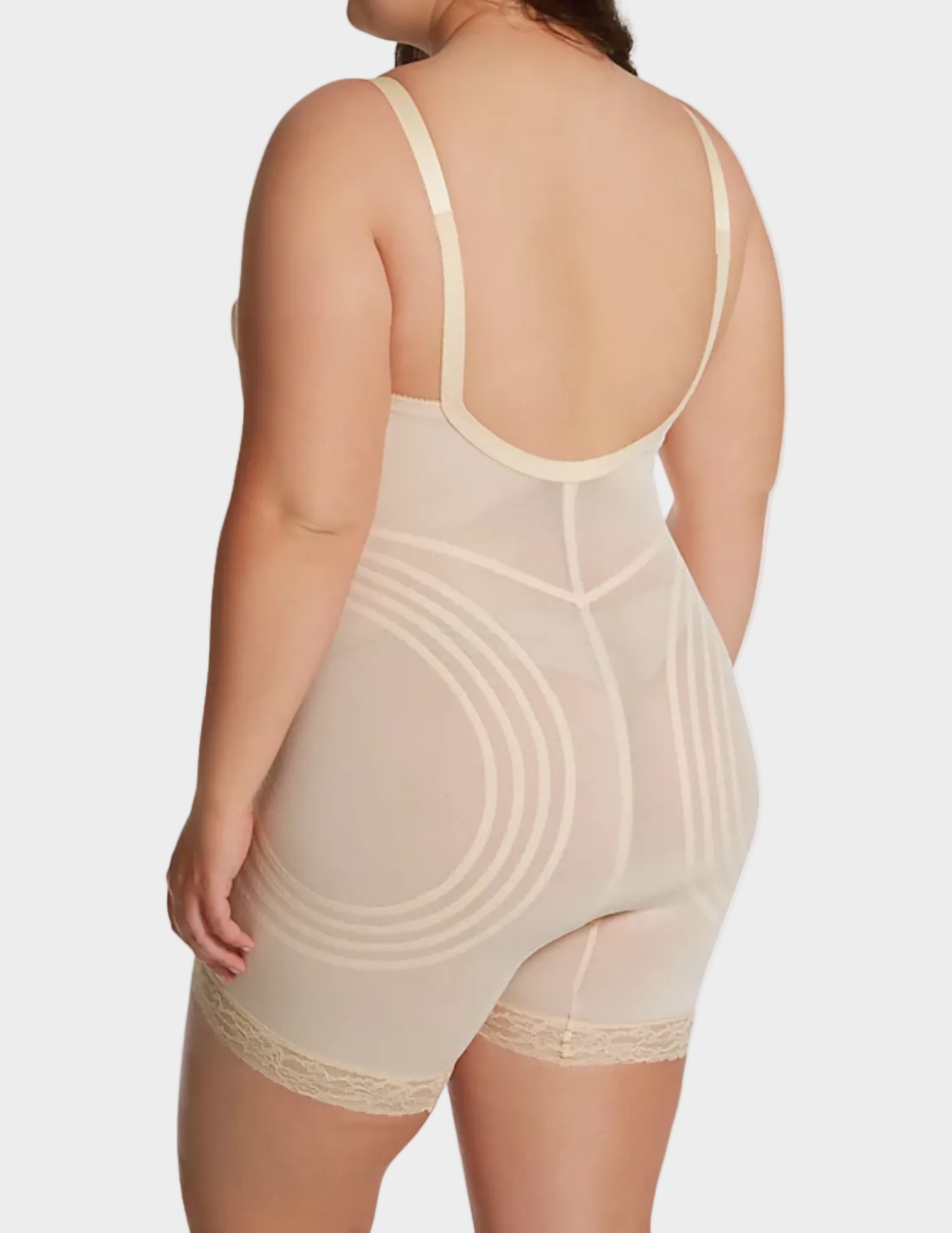 Back view of plus-size model wearing RAGO Style 9071 in Beige
