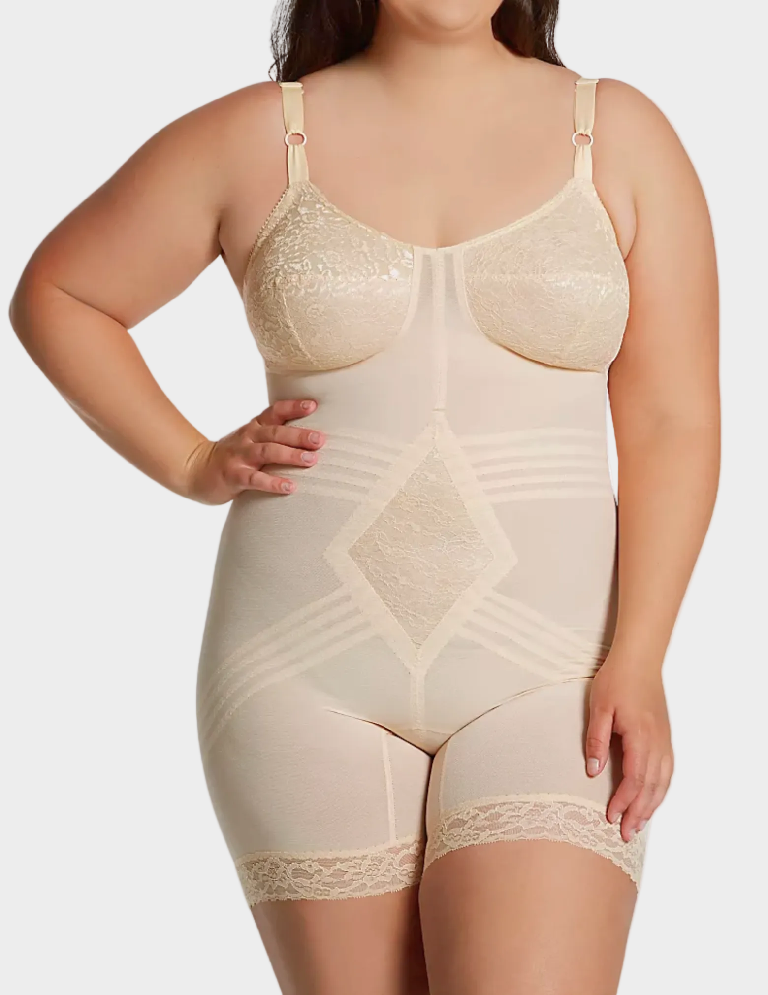 Front view of plus-size model wearing RAGO Style 9071 in Beige