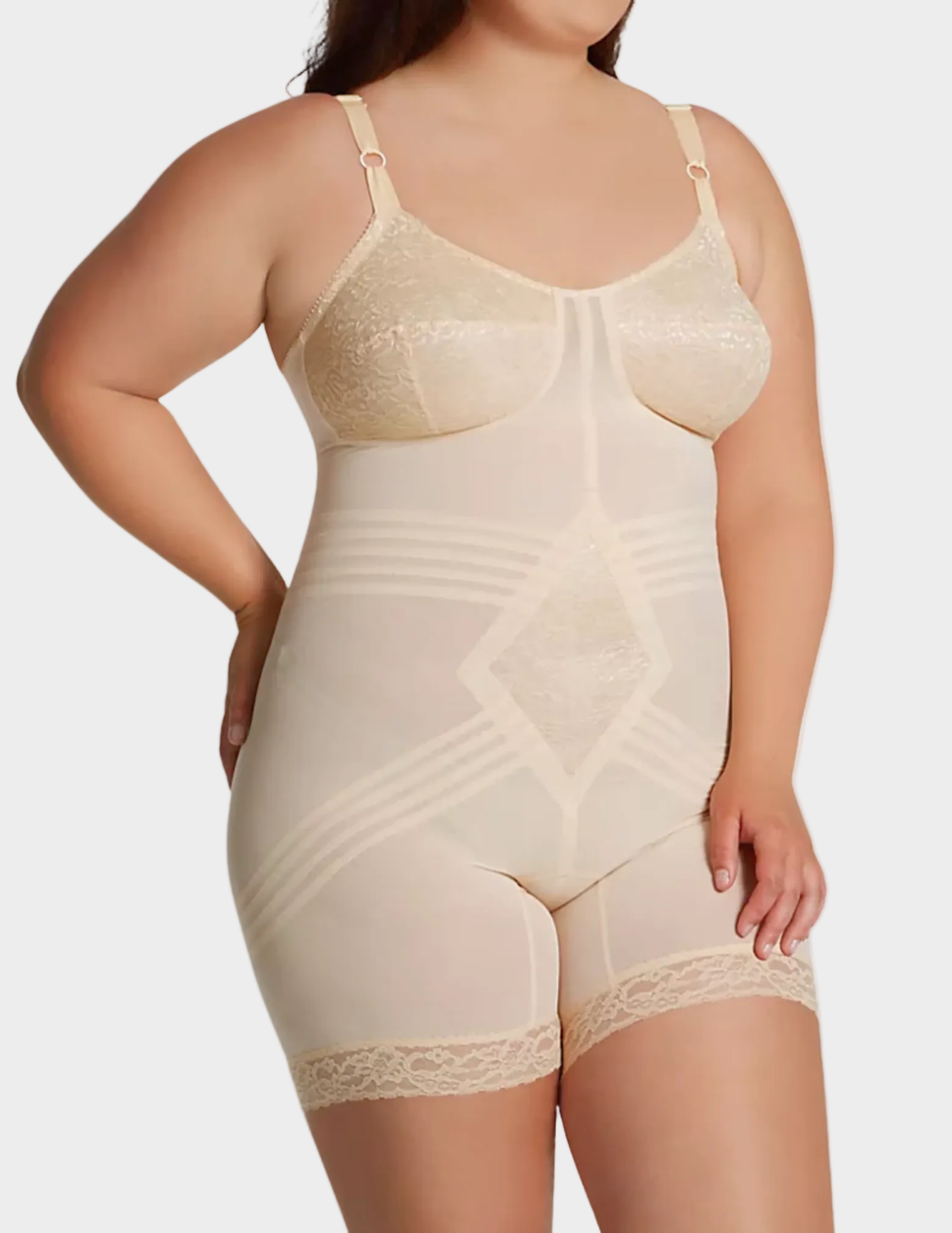 Side view of plus-size model wearing RAGO Style 9071 in Beige