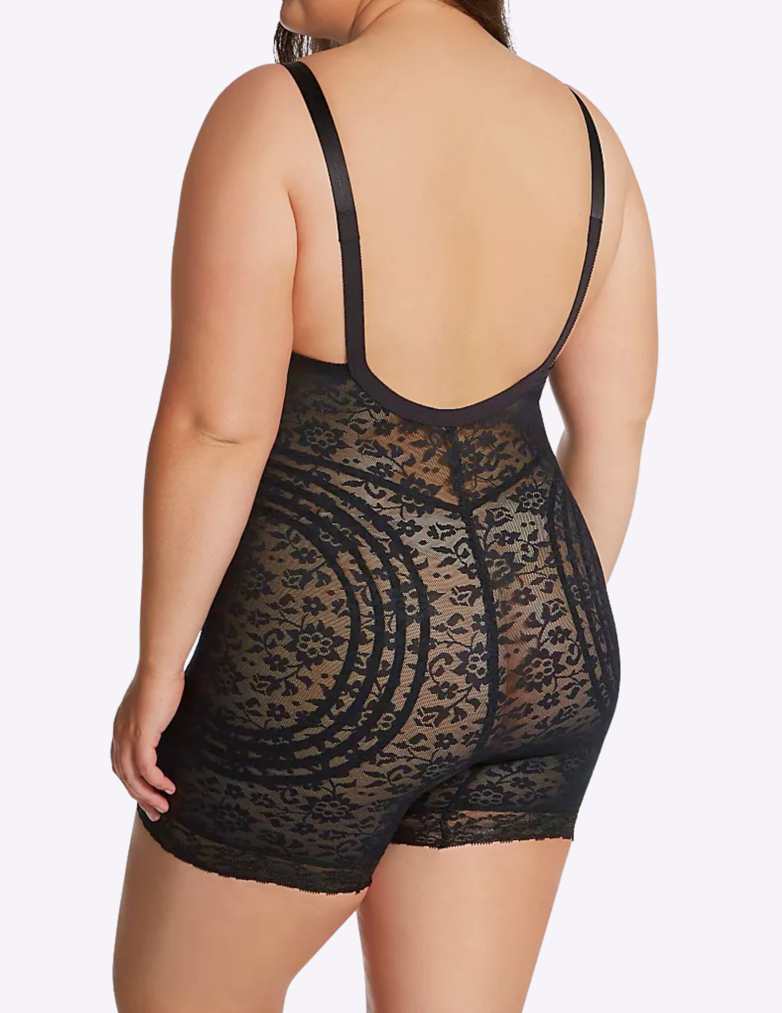 Back view of plus-size model wearing Rago Style 9077 lace body briefer in black