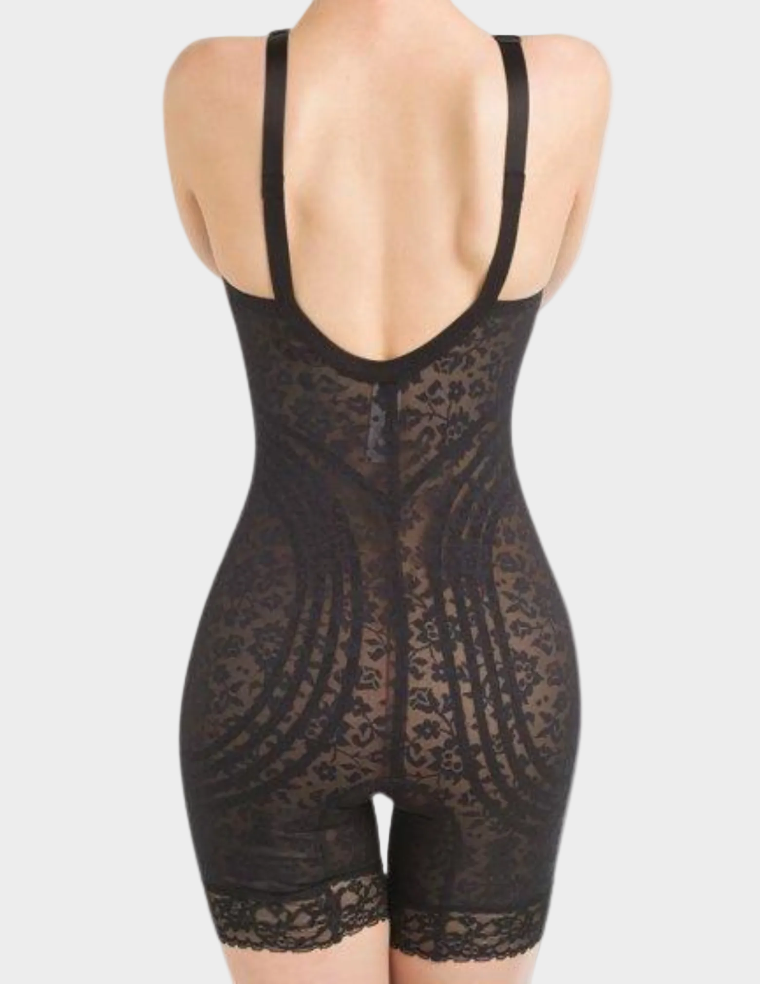 Back view of model wearing Rago Style 9077 lace body briefer in black