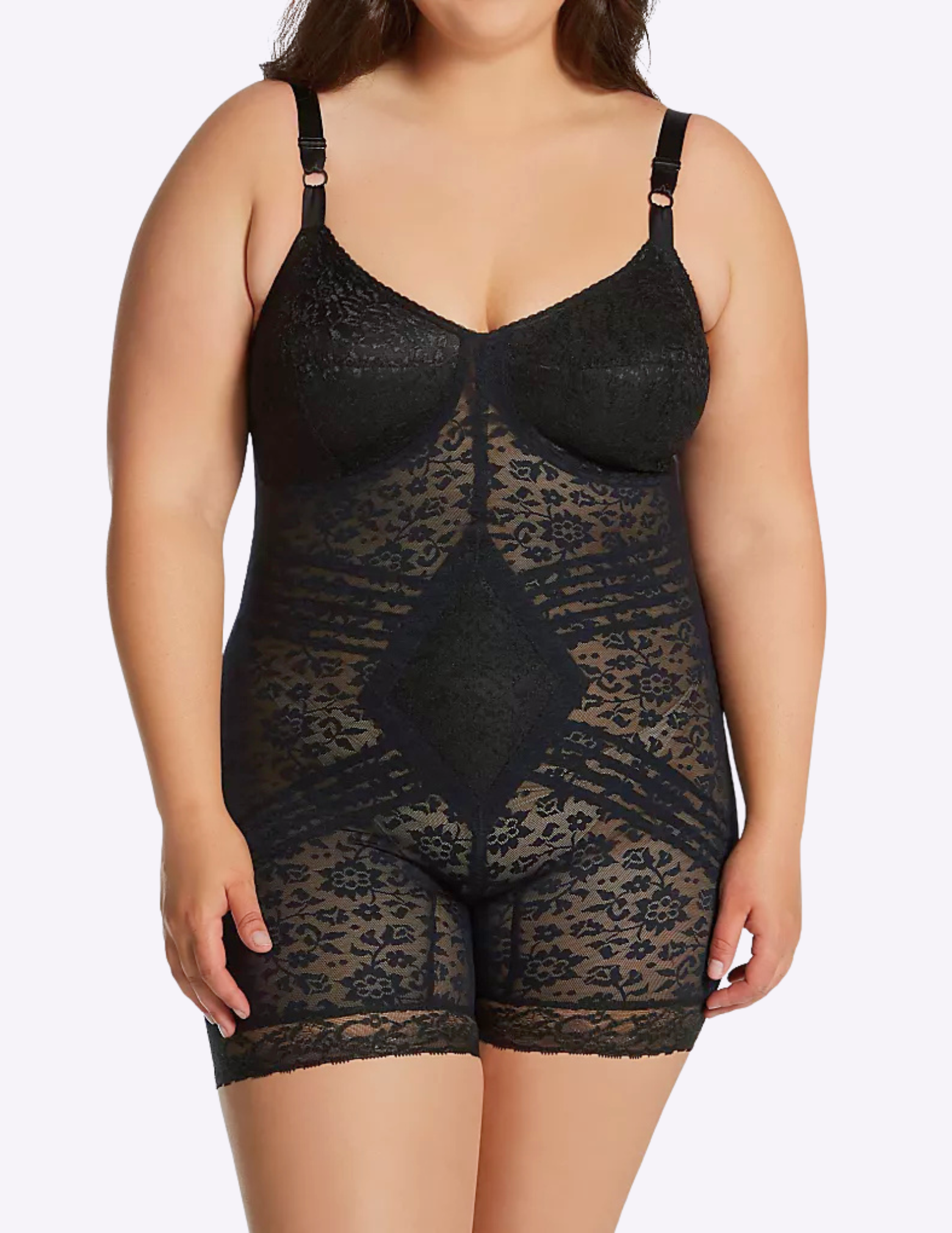 Front view of plus-size model wearing Rago Style 9077 lace body briefer in black