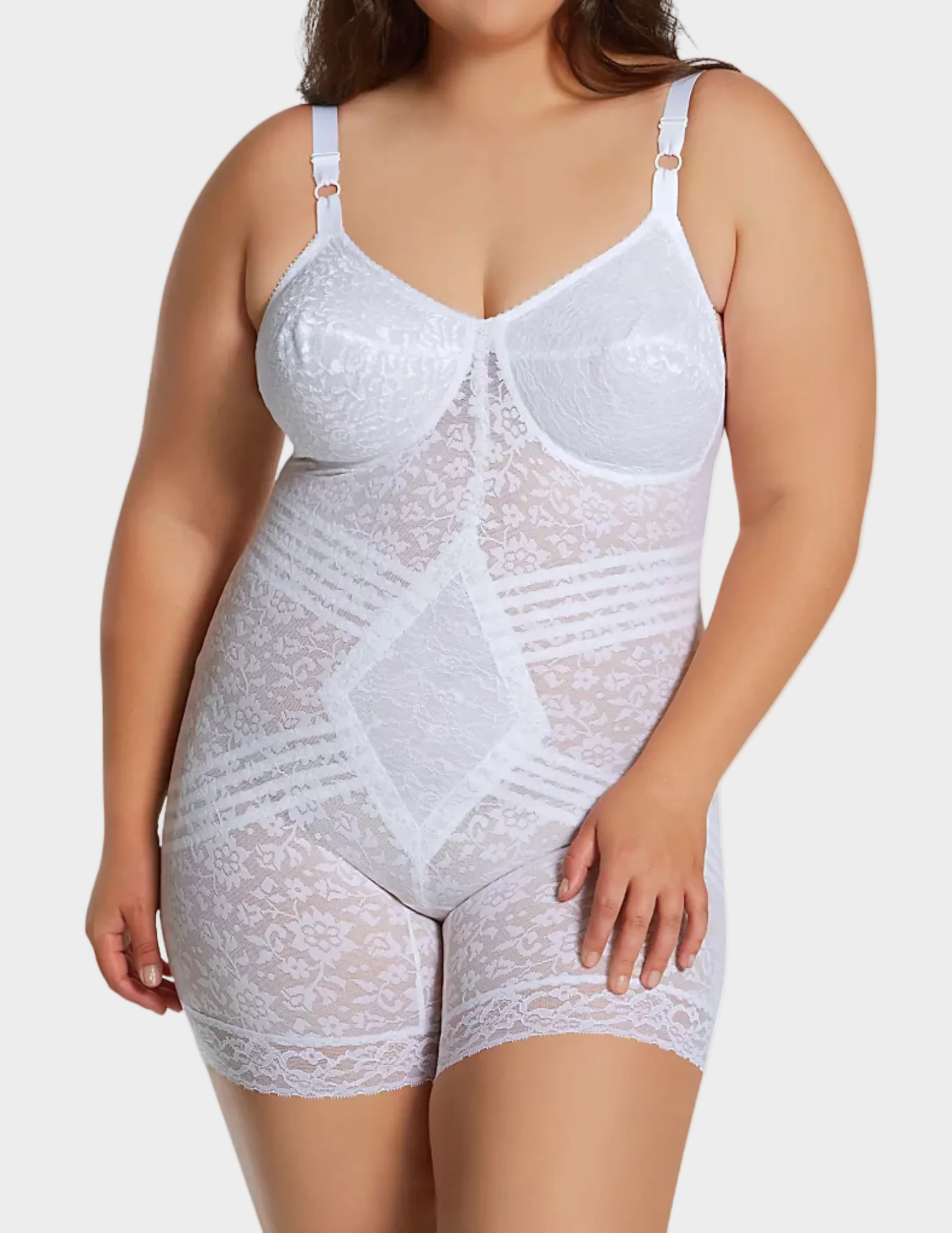 Front view of plus-size model wearing Rago Style 9077 lace body briefer in White