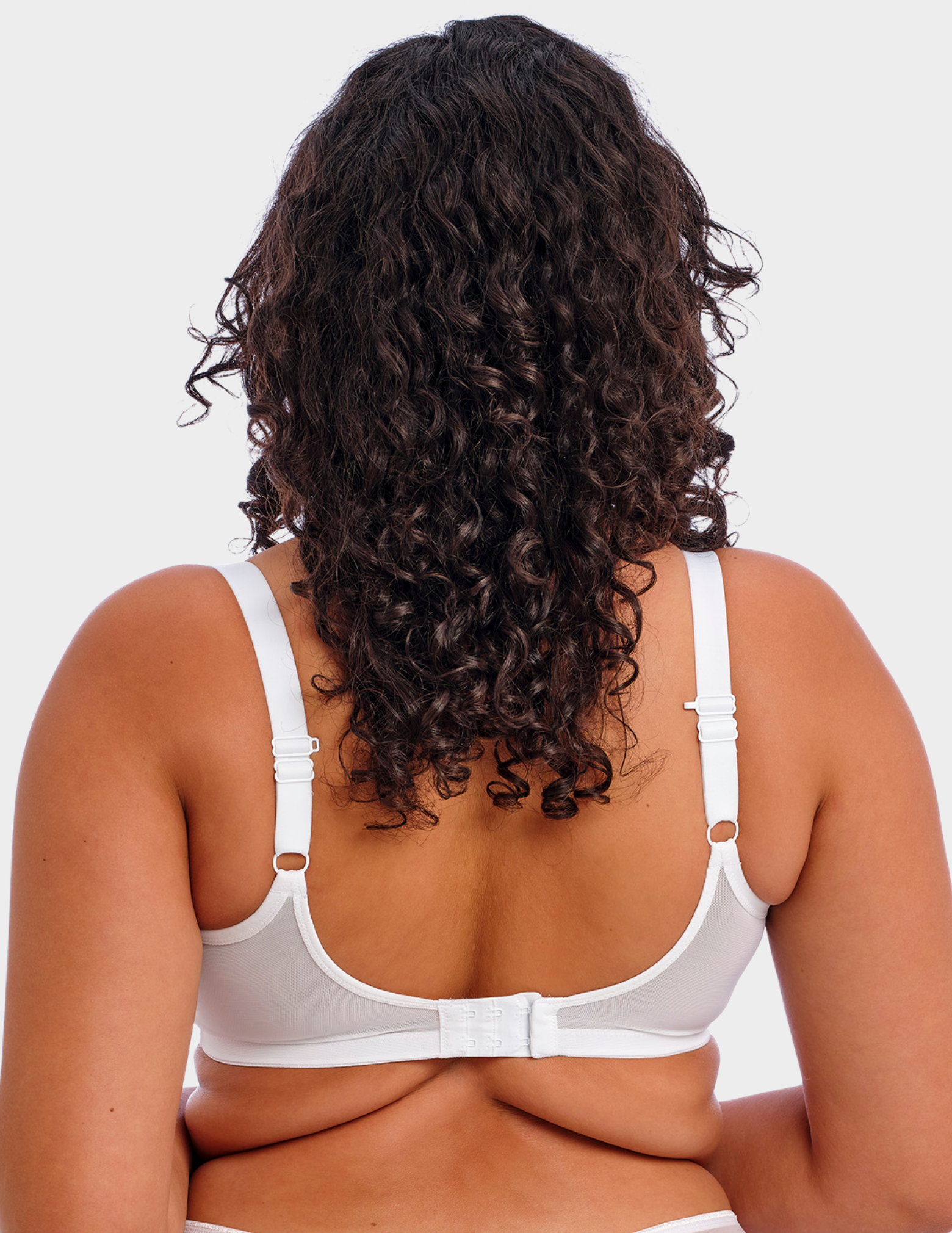 Back view of a model wearing Elomi Matilda plunge bra in white