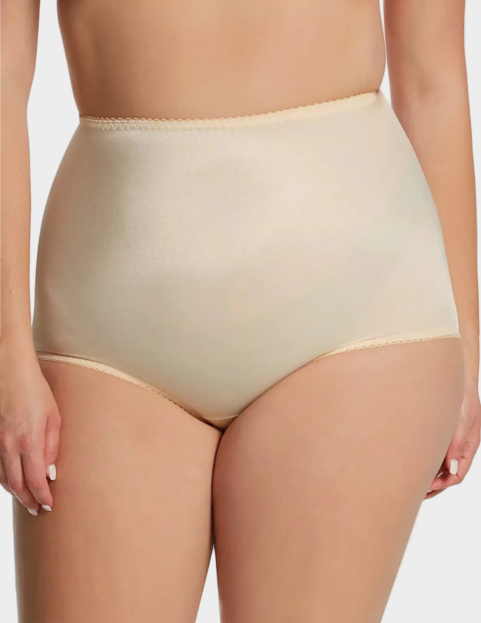Front view of plus size model wearing Rago 910 Beige smoothing panty
