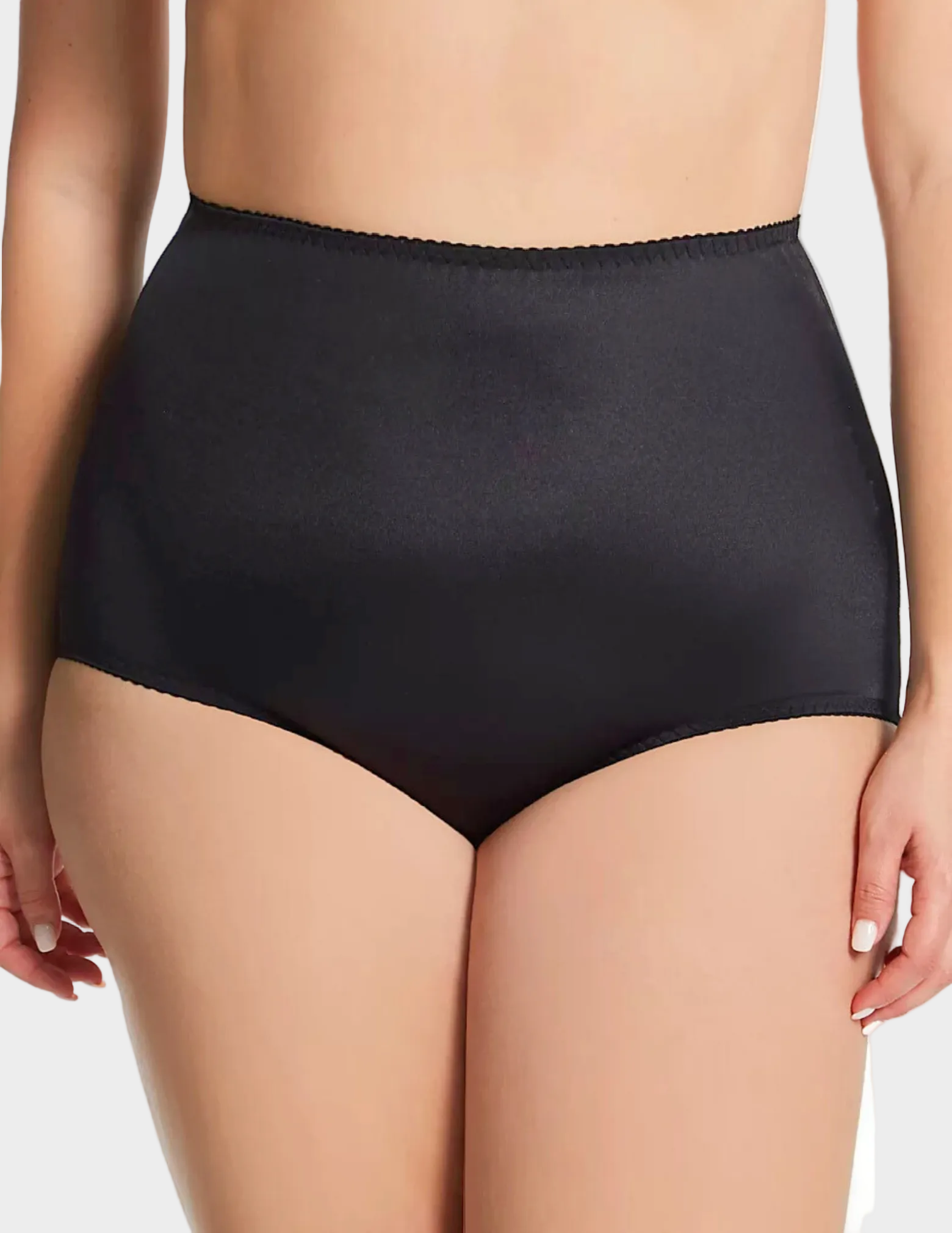 Front view of plus size model wearing Rago 910 smoothing panty in black