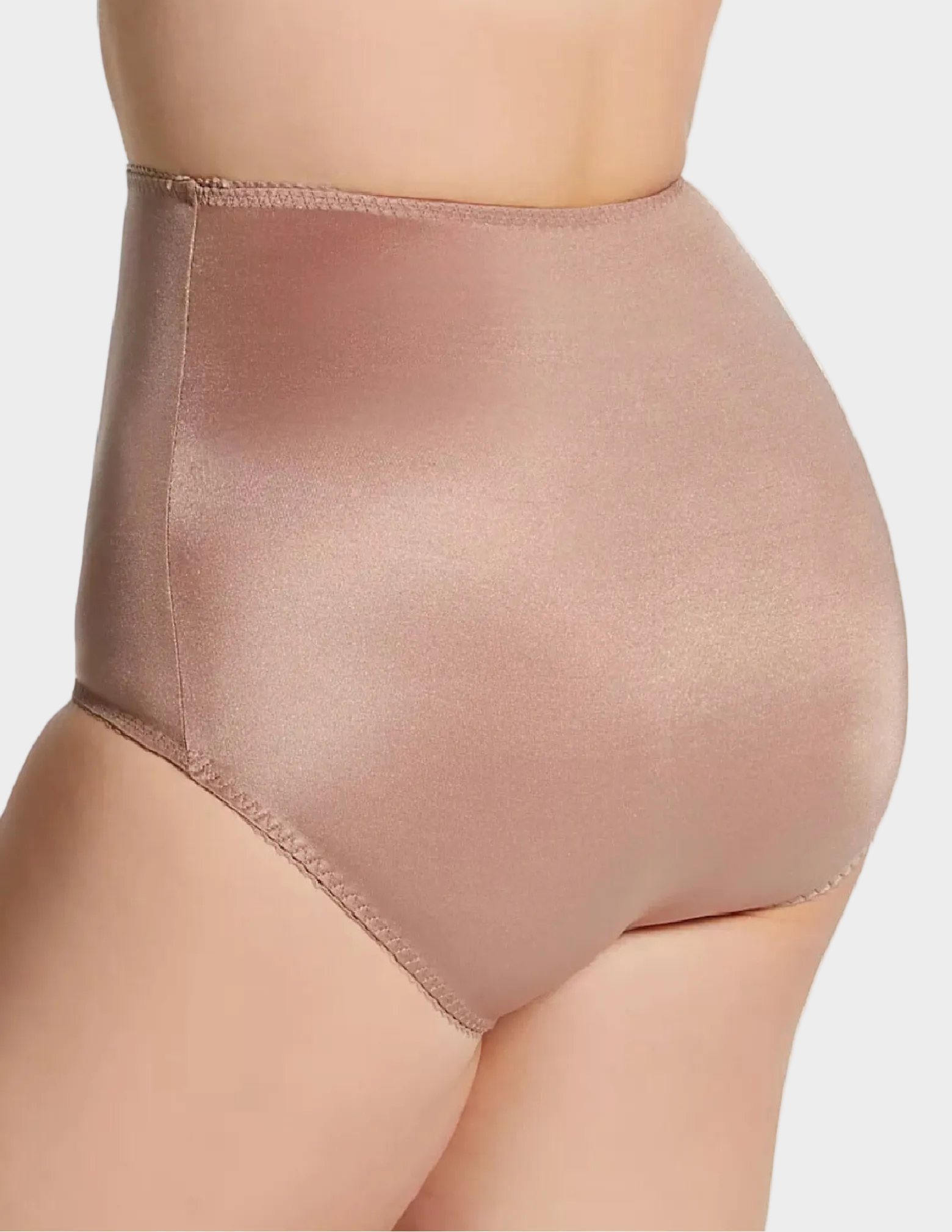 Back view of plus size model wearing Rago 910 smoothing panty in mocha