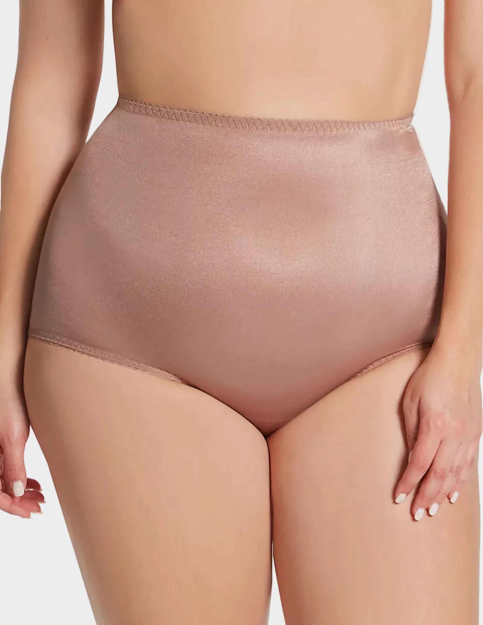 Front view of plus size model wearing Rago 910 smoothing panty in mocha