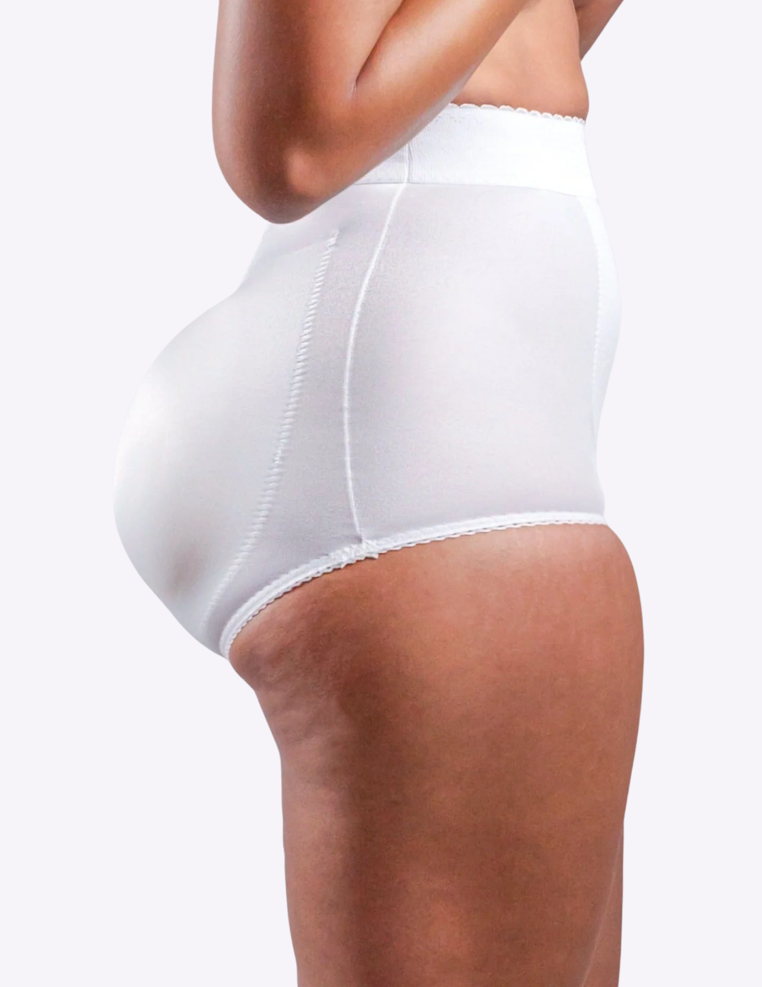 side view of model wearing white Rago 915 padded panty