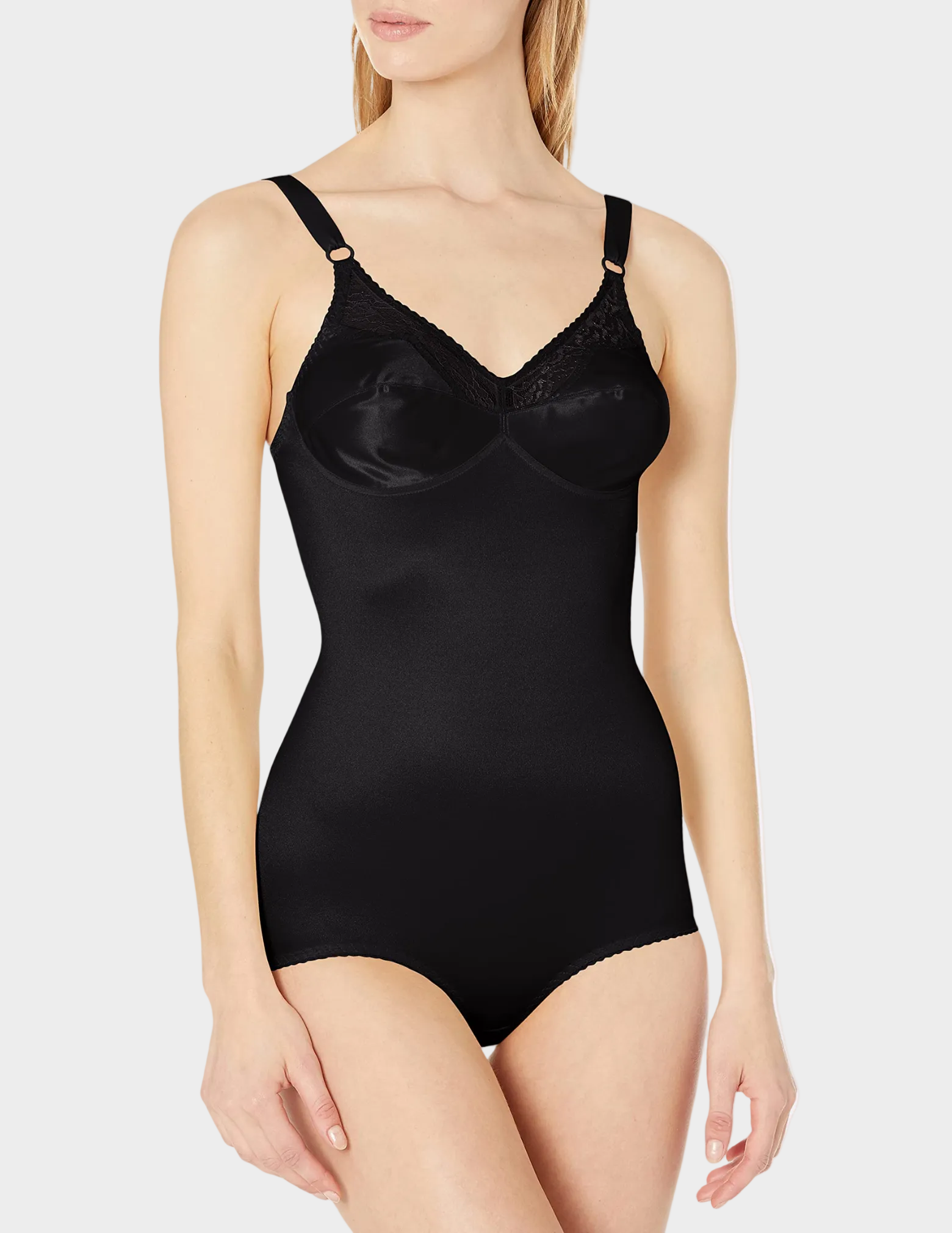 Front view of model wearing RAGO Style 9190 bodysuit in Black