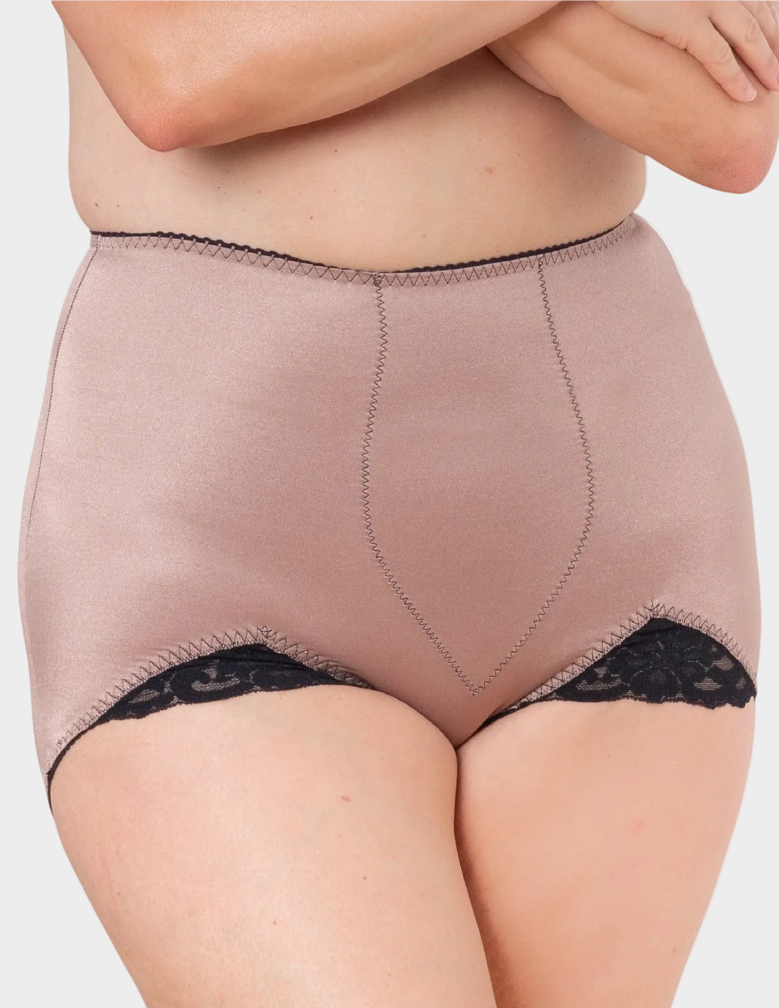 Front view of a plus size model wearing Rago 919 mocha shaping panty