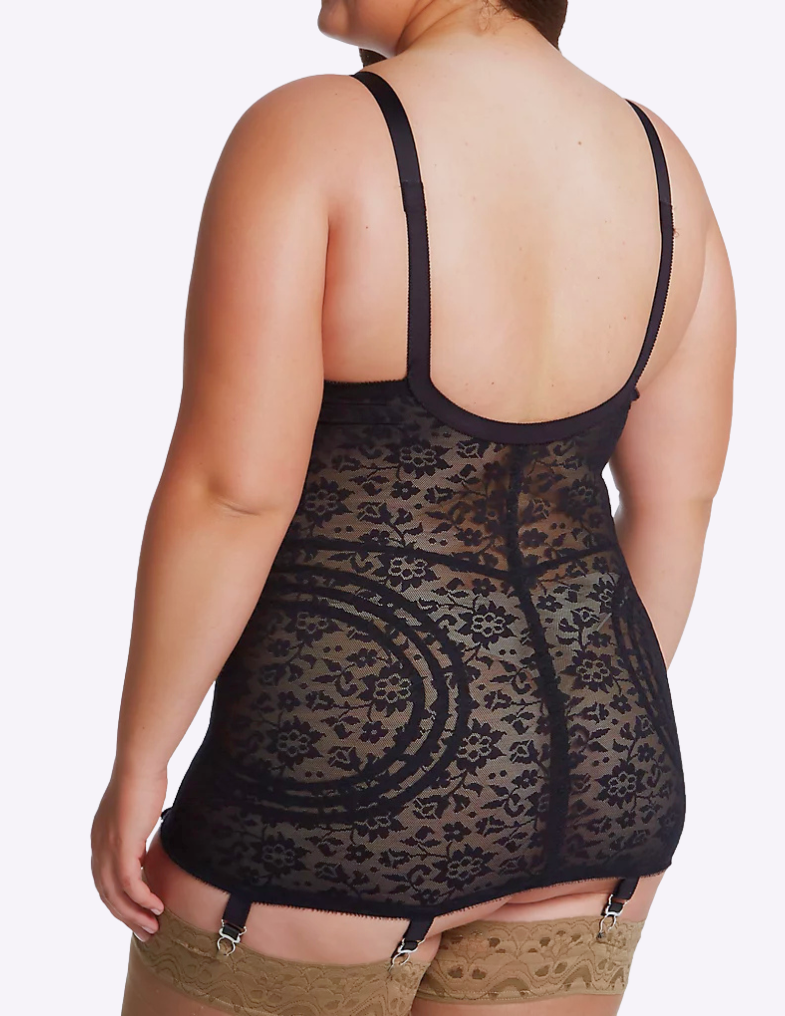 Back view of plus-size model wearing black Rago 9357 body shaper