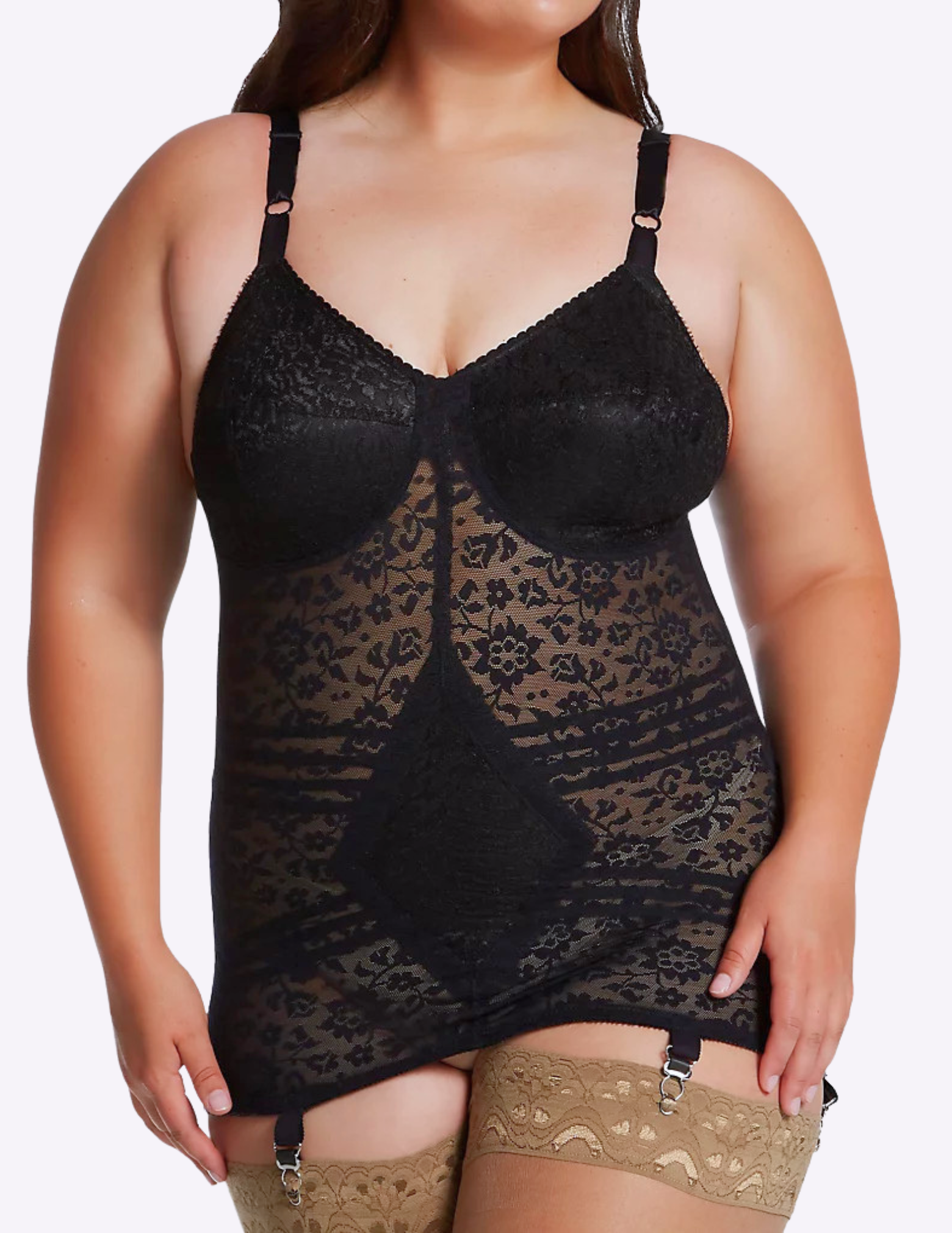 Front view of plus-size model wearing black Rago 9357 body shaper