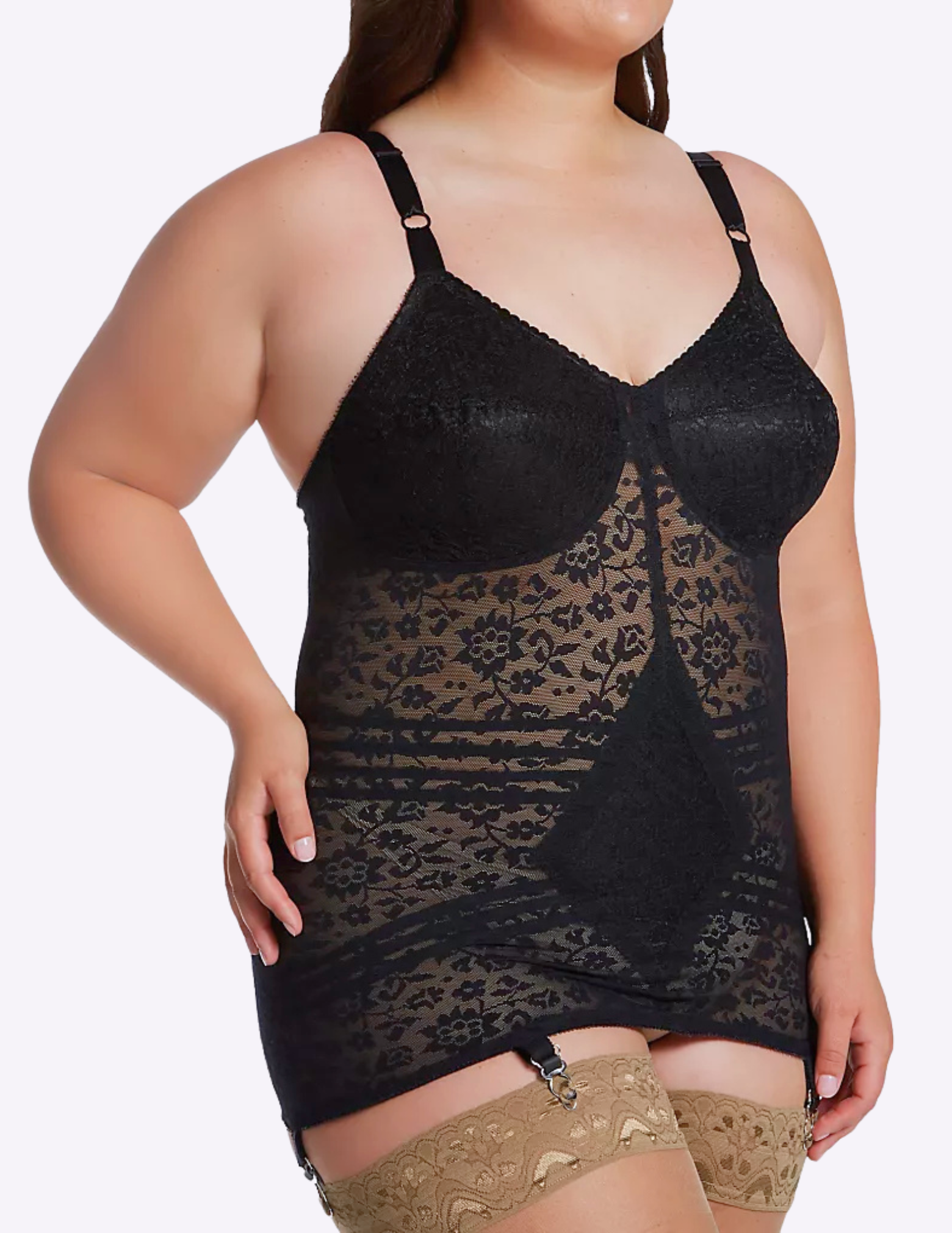 Side view of plus-size model wearing black Rago 9357 body shaper