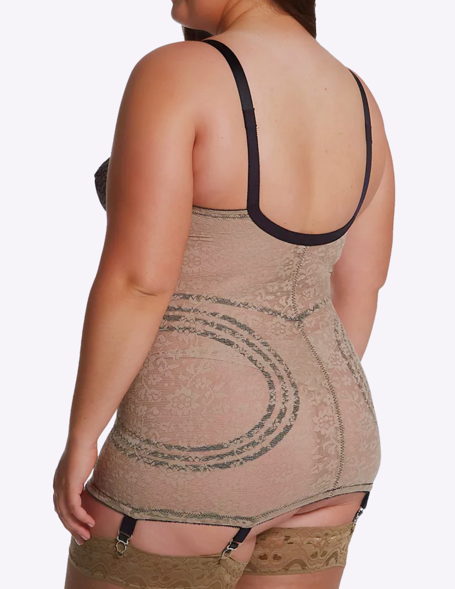Back view of plus-size model wearing mocha and black Rago 9357 body shaper