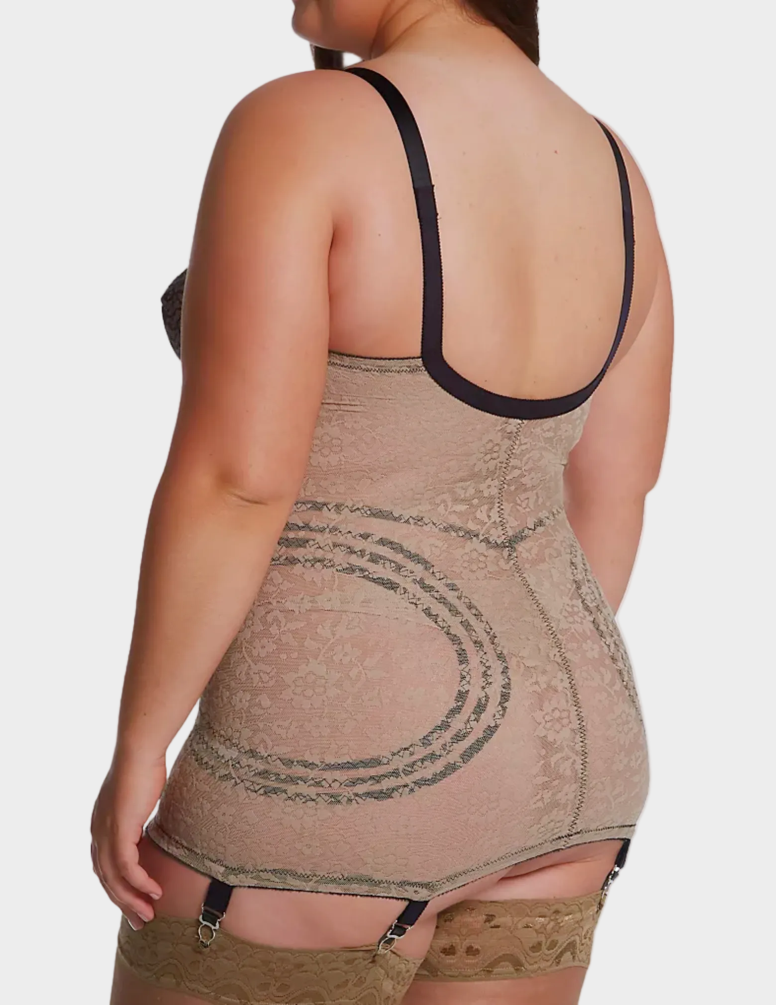 Back view of plus-size model wearing mocha and black Rago 9357 body shaper