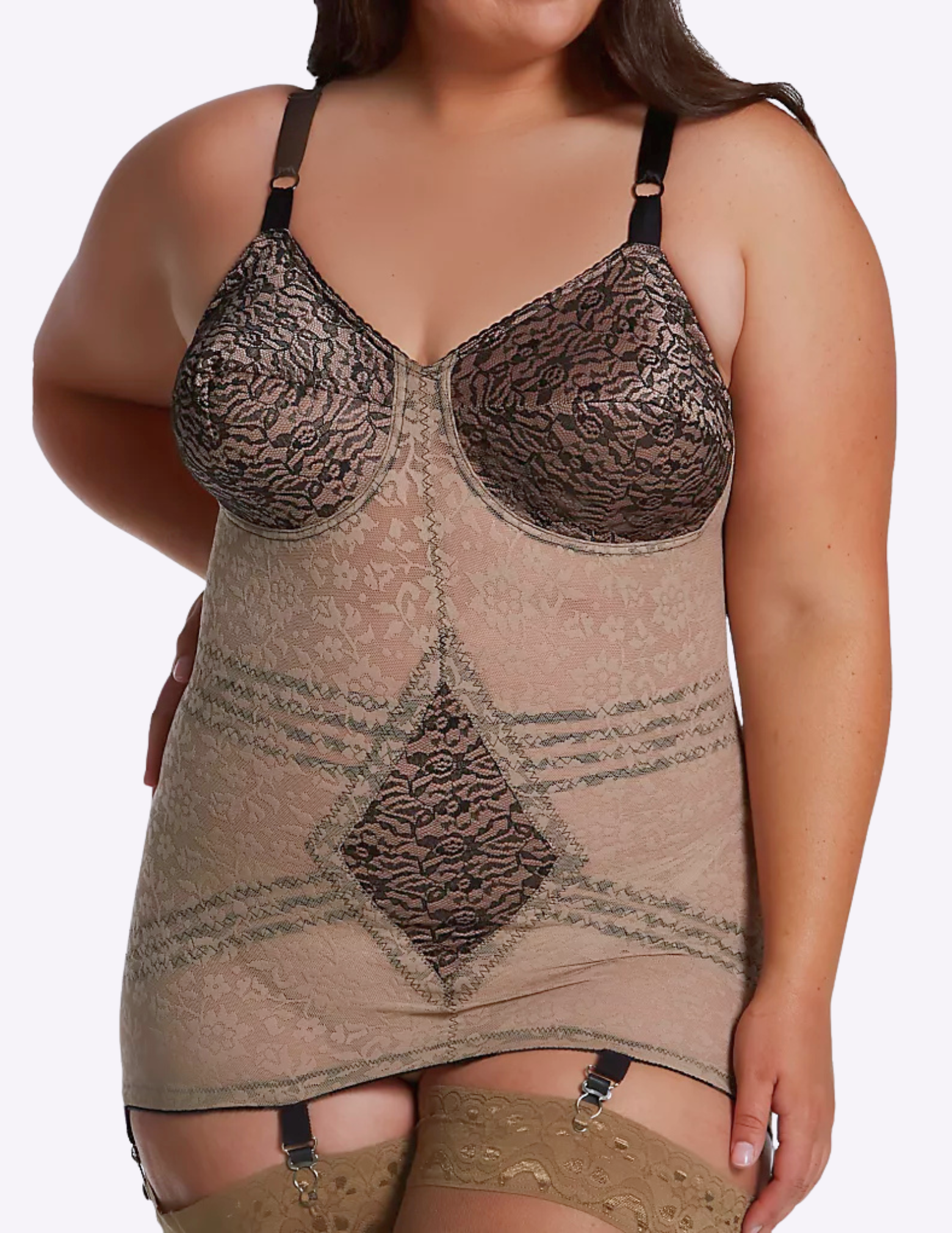 Front view of plus-size model wearing mocha and black Rago 9357 body shaper