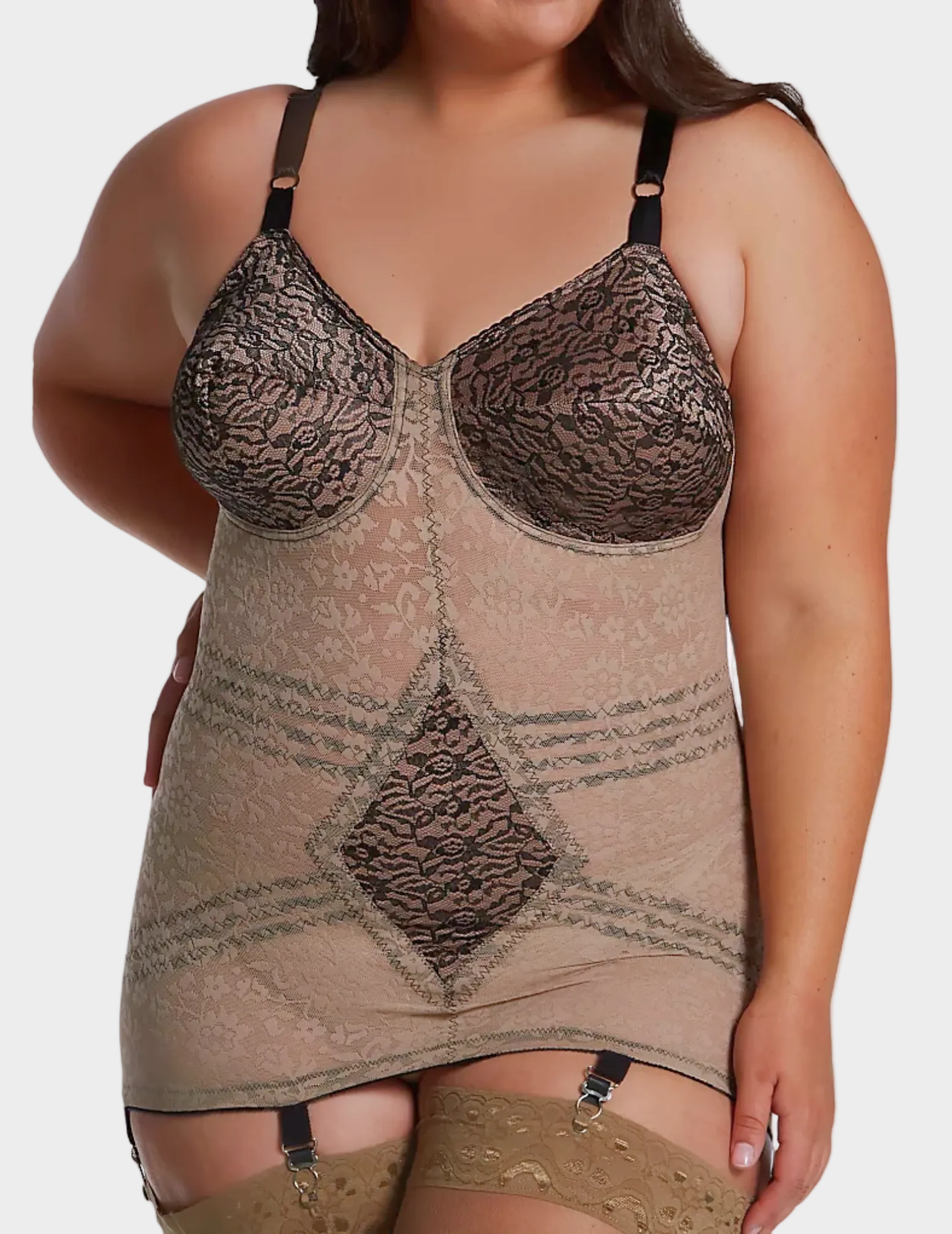 Front view of plus-size model wearing mocha and black Rago 9357 body shaper