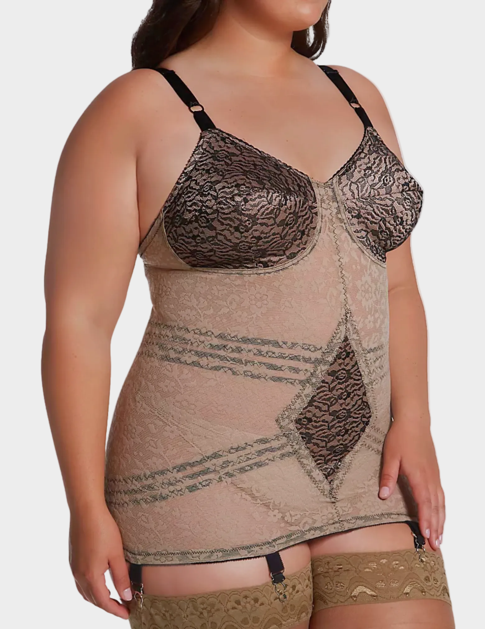 Side view of plus-size model wearing mocha and black Rago 9357 body shaper