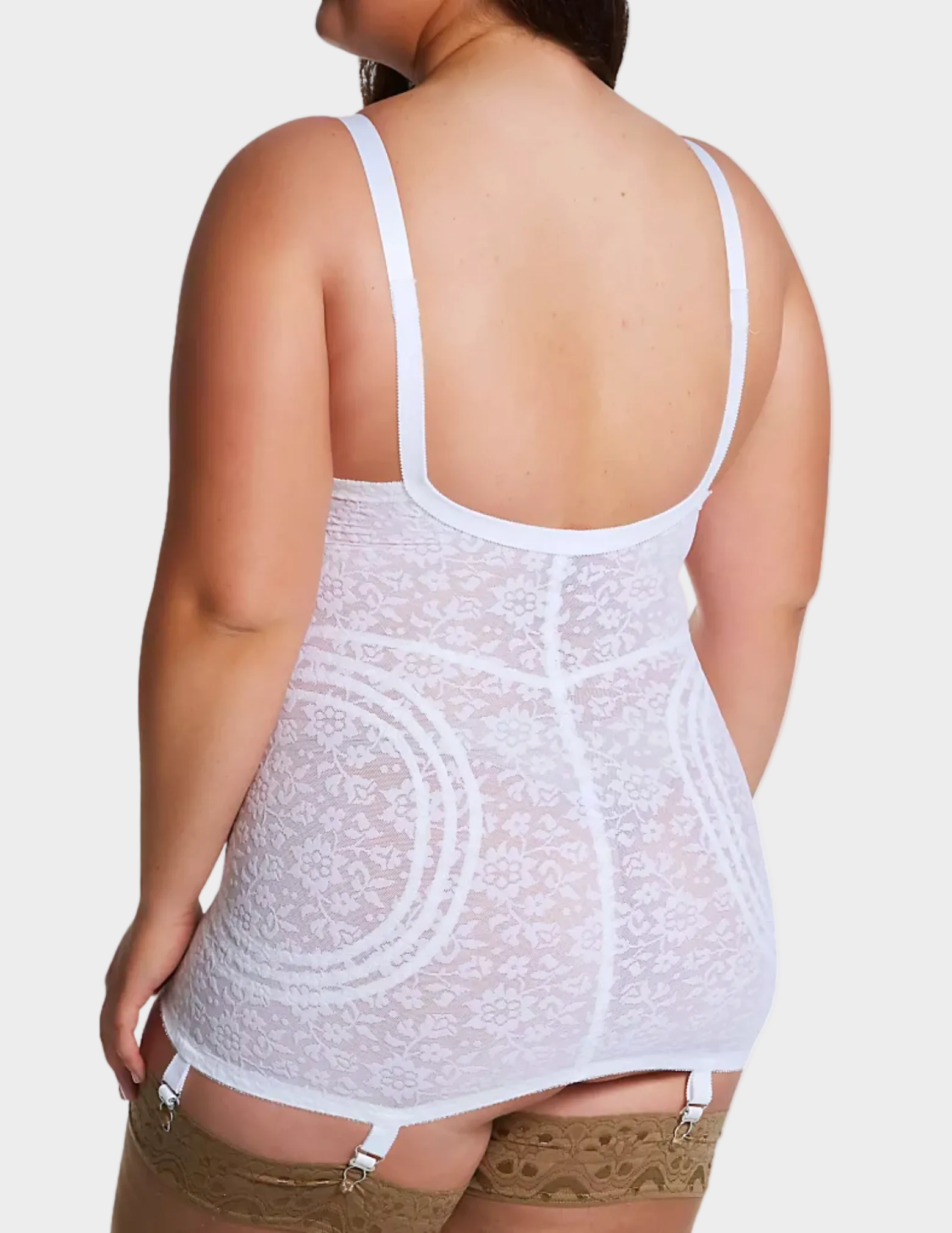 Back view of plus-size model wearing white Rago 9357 body briefer