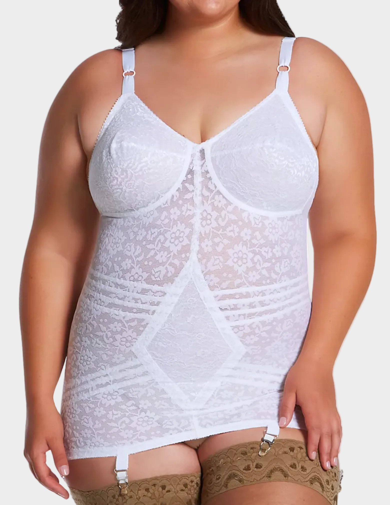 Front view of plus size model wearing white Rago 9357 body briefer