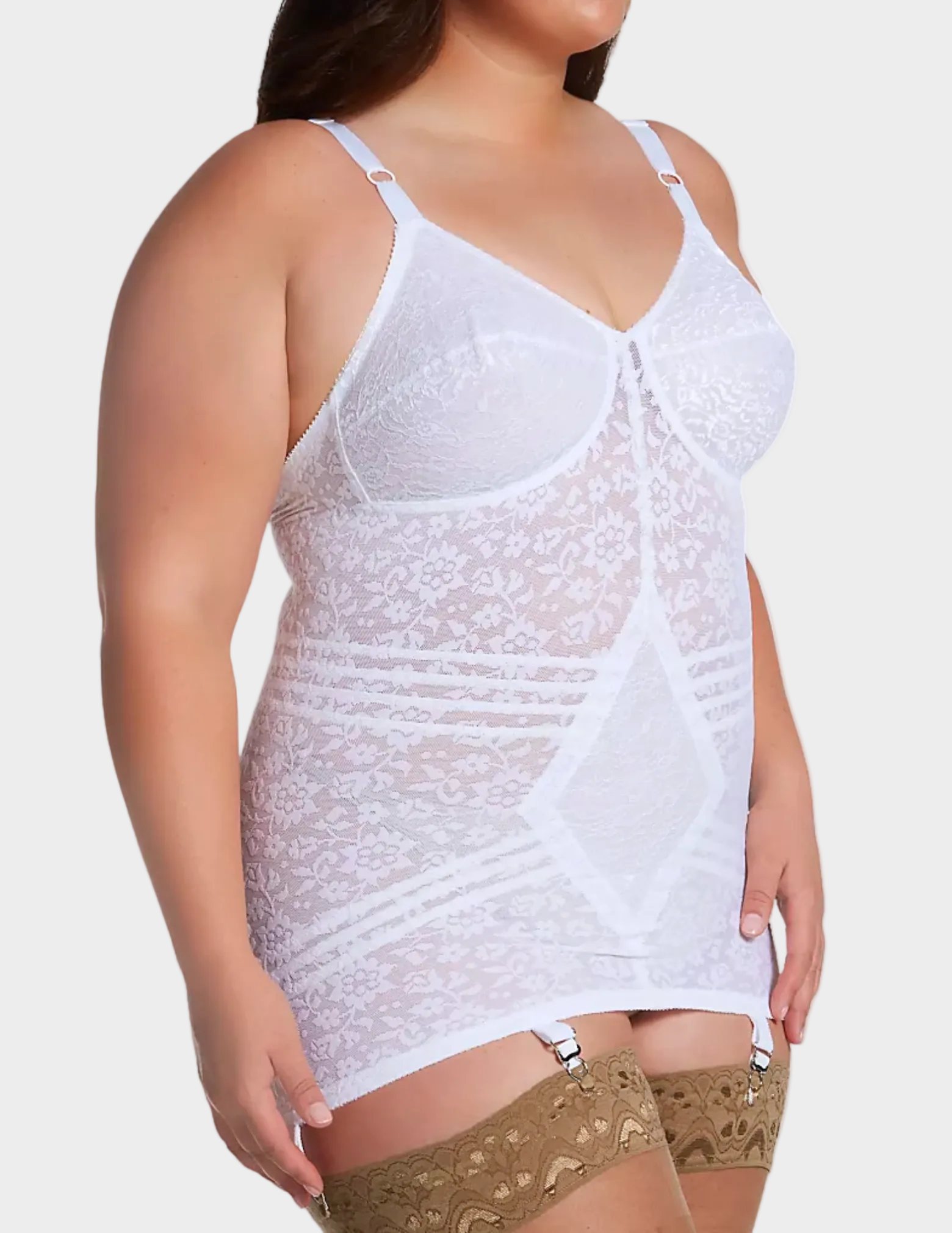 Side view of plus-size model wearing white Rago 9357 body briefer