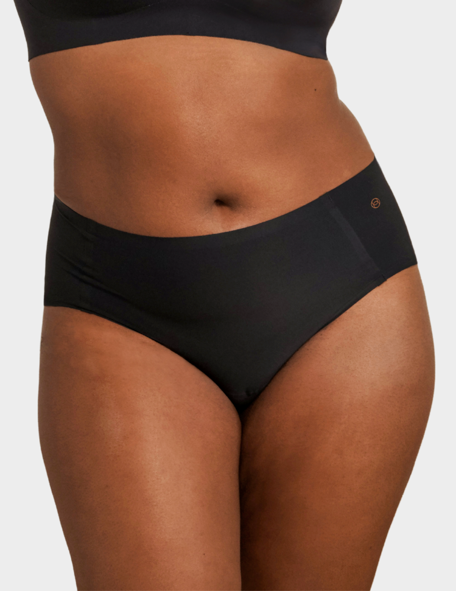 Front view of a model wearing Evelyn & Bobbie high waist brief in Black
