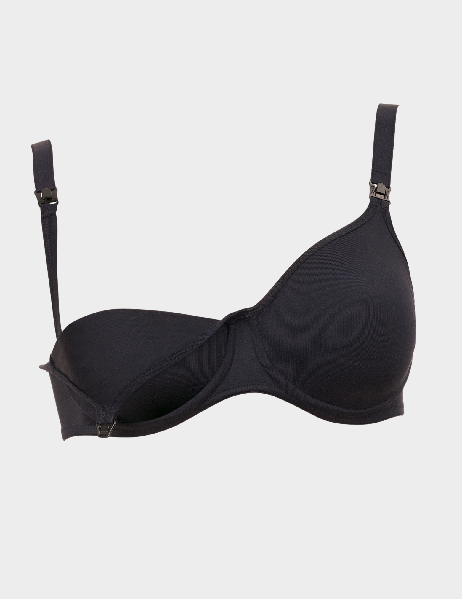 Front view of Anita Seamless nursing bra in color Black with cup unhooked