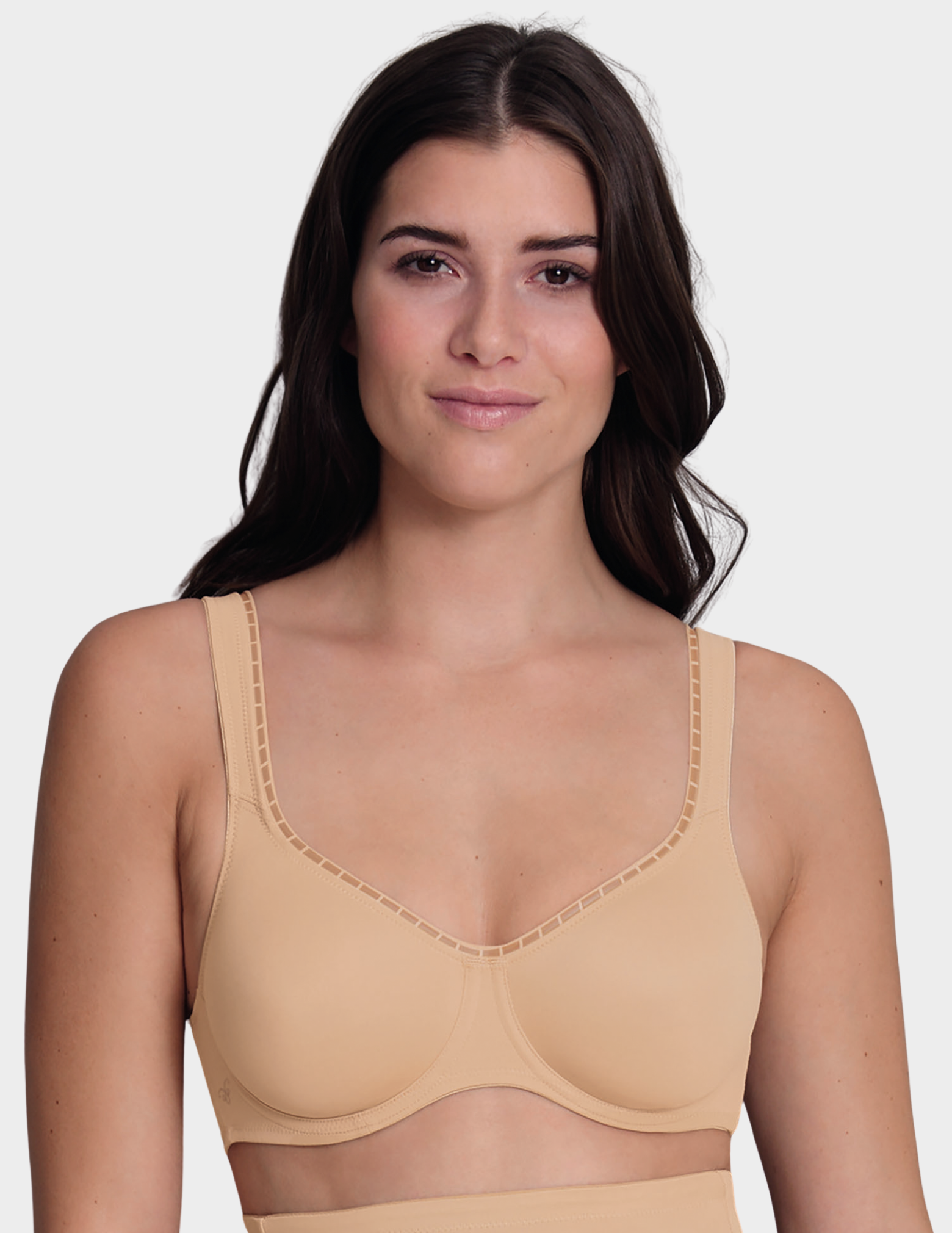 Front view of a model wearing an Anita Twin Firm bra in color Deep Sand