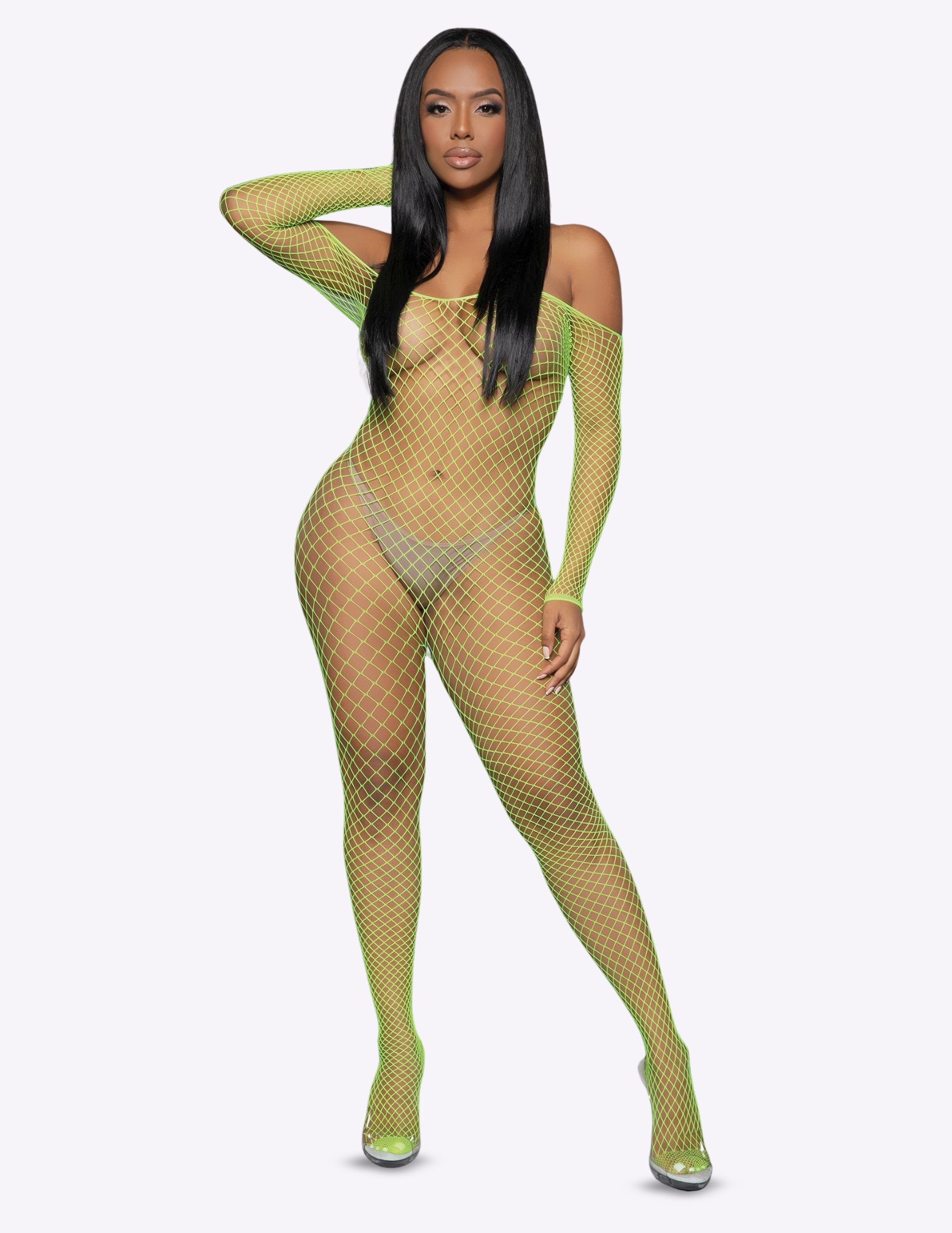 Woman wearing a green fishnet bodysuit on a white background