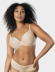 Front view of a model wearing beige and black Aline t-shirt bra