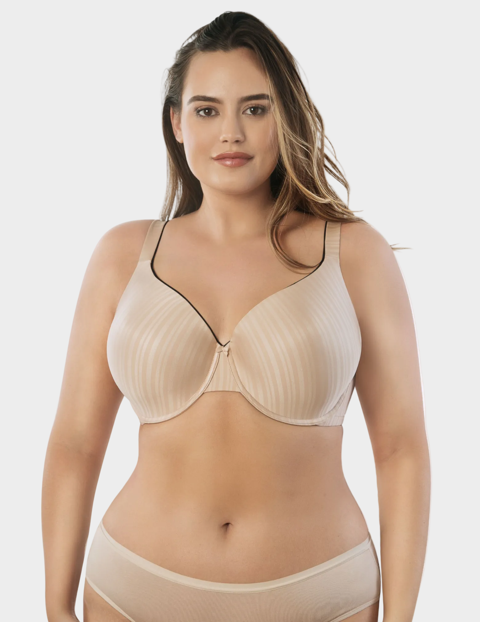 Front view of a curvy model wearing beige and black Aline t-shirt bra