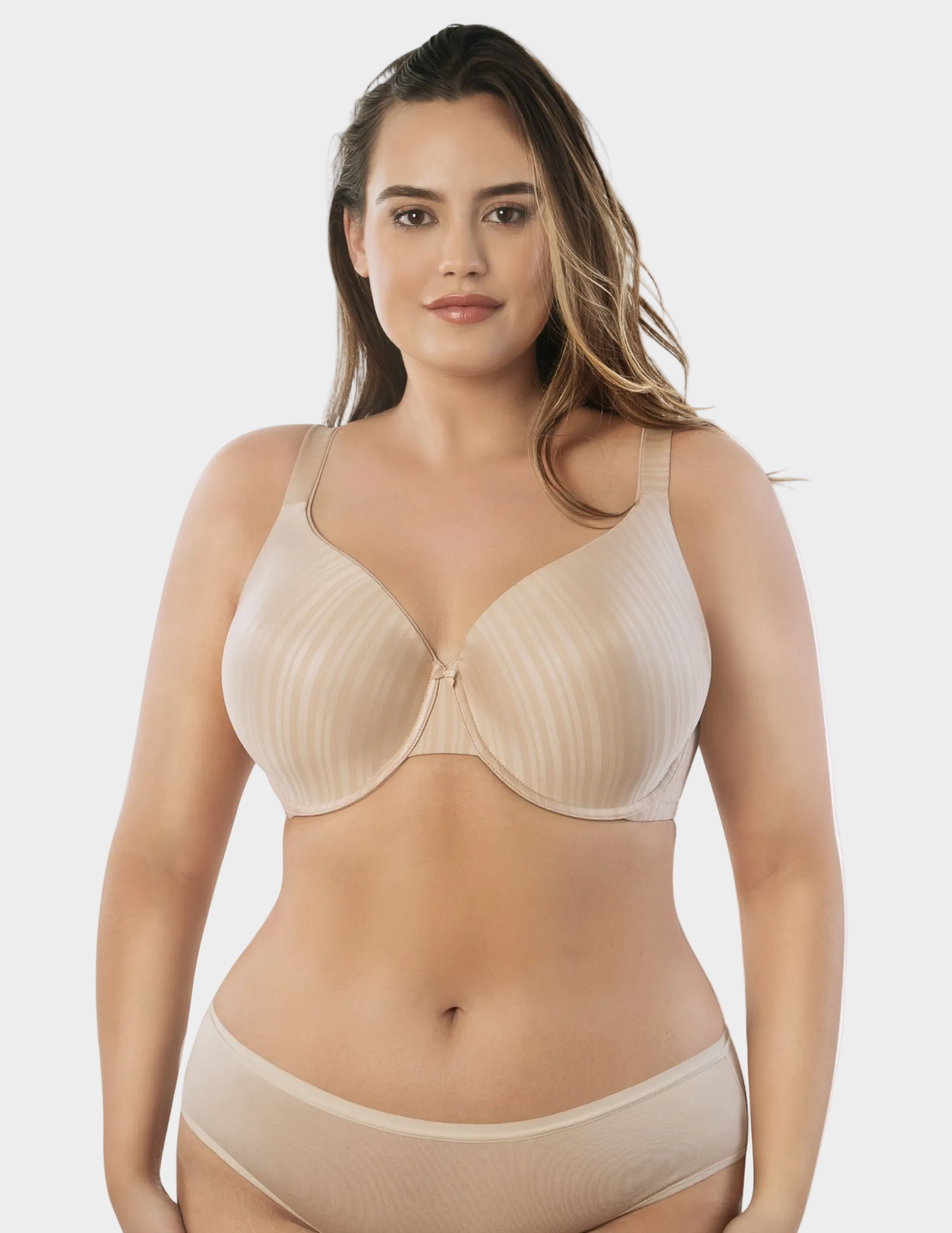 Front view of a curvy model wearing beige Aline t-shirt bra