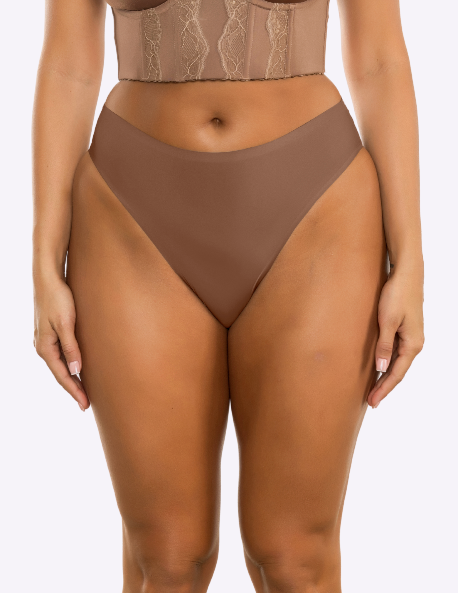 Front view of a model wearing bonded panty in mid nude