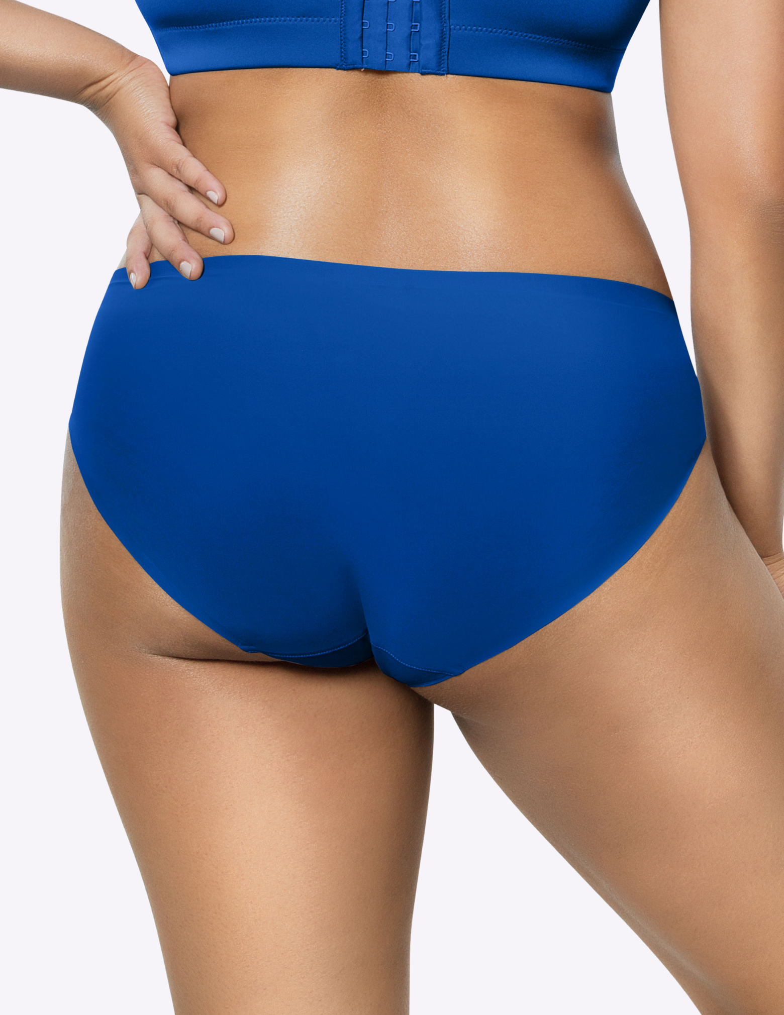 Back view of a model wearing bonded hipster panty in nautical blue