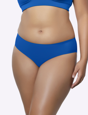 Front view of a model wearing bonded hipster panty in nautical blue