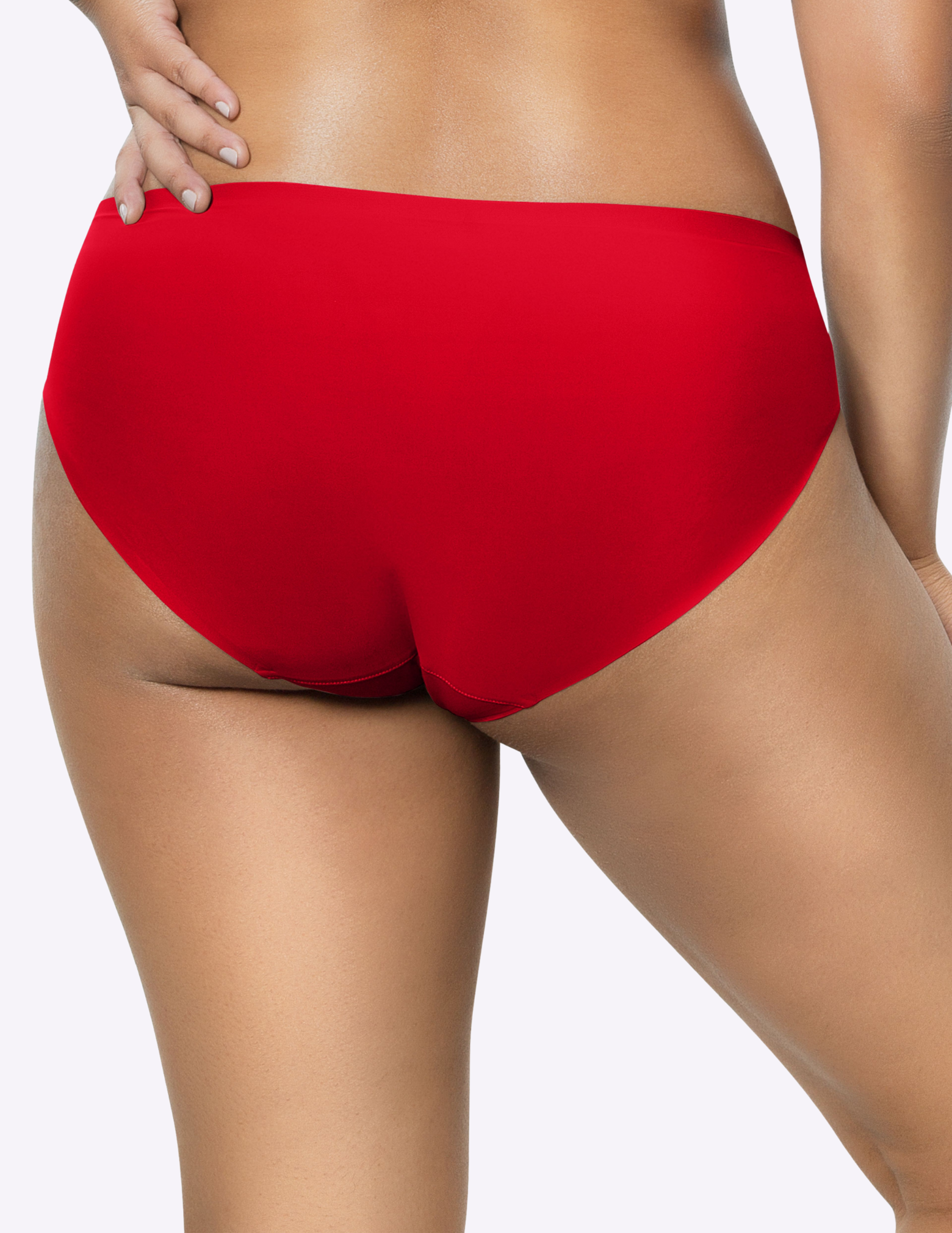 Back view of a model wearing bonded hipster panty in racing red