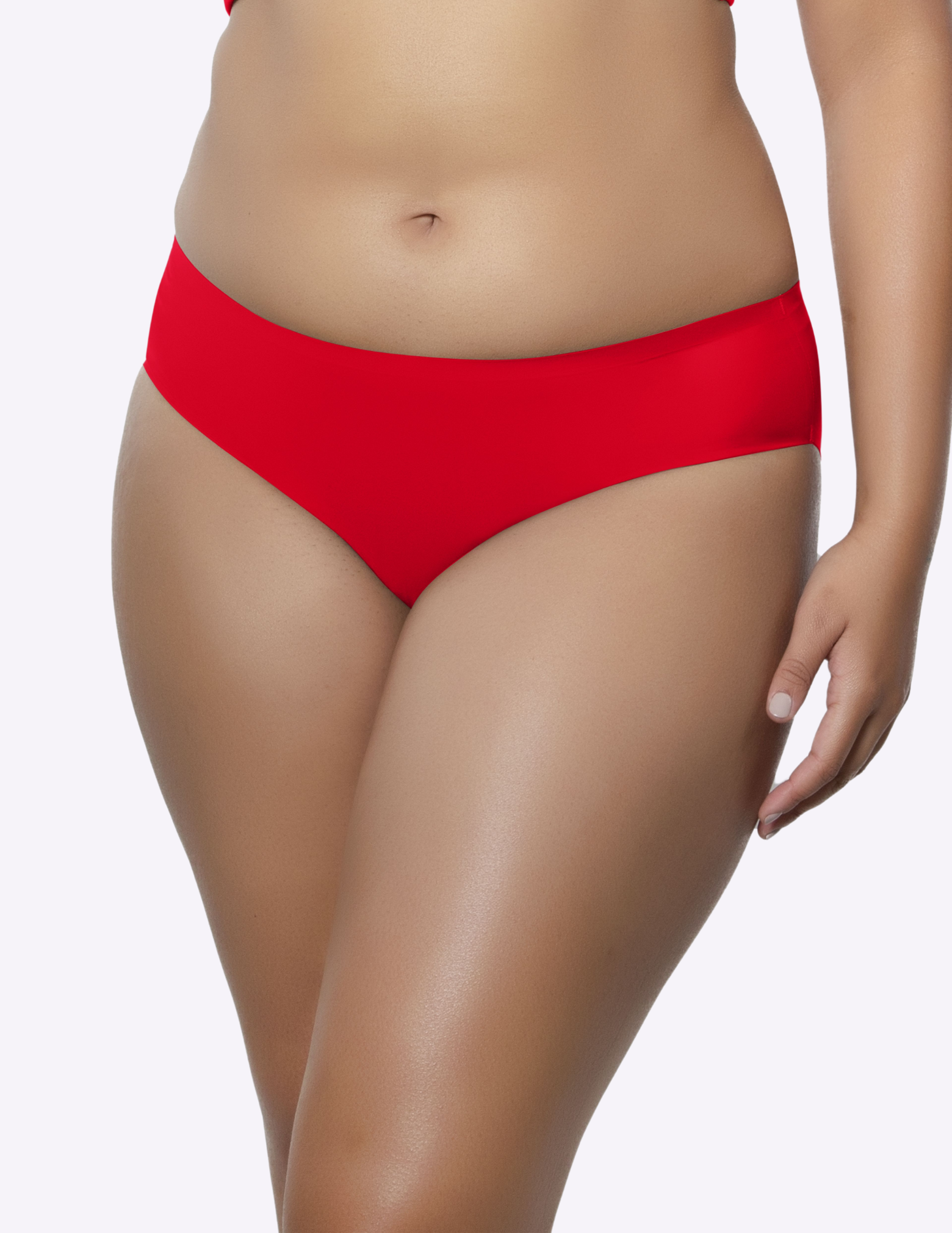 Front view of a model wearing bonded hipster panty in racing red