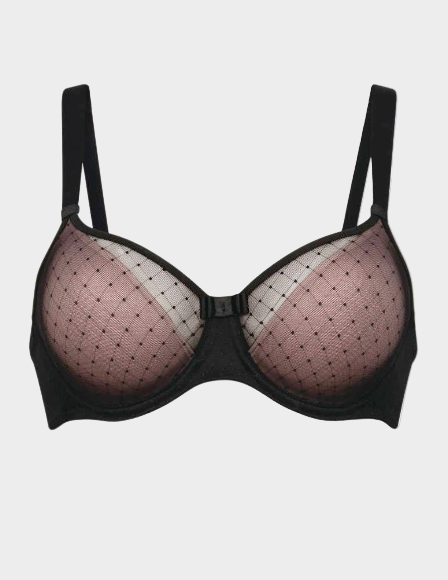 Black and pink bra with mesh panels on a light gray background