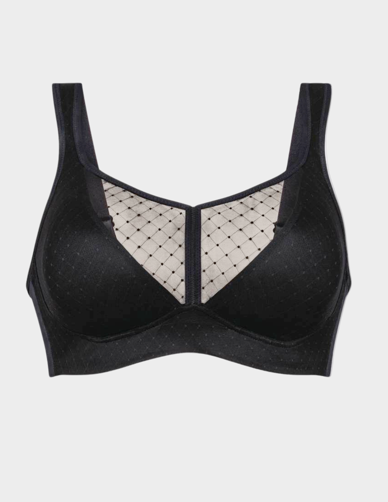 Black bra with mesh panel on a white background