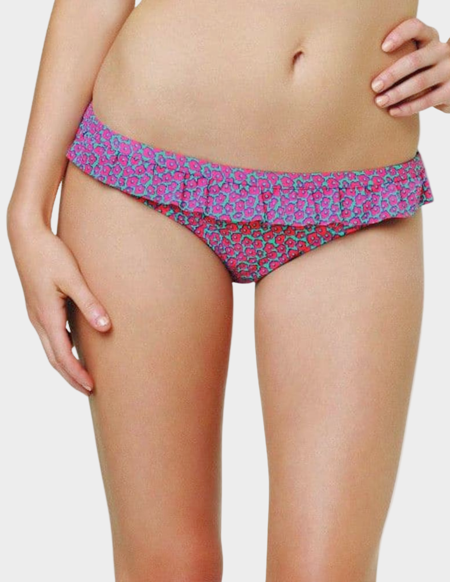 woman wearing pink and blue floral ruffled swim bottom