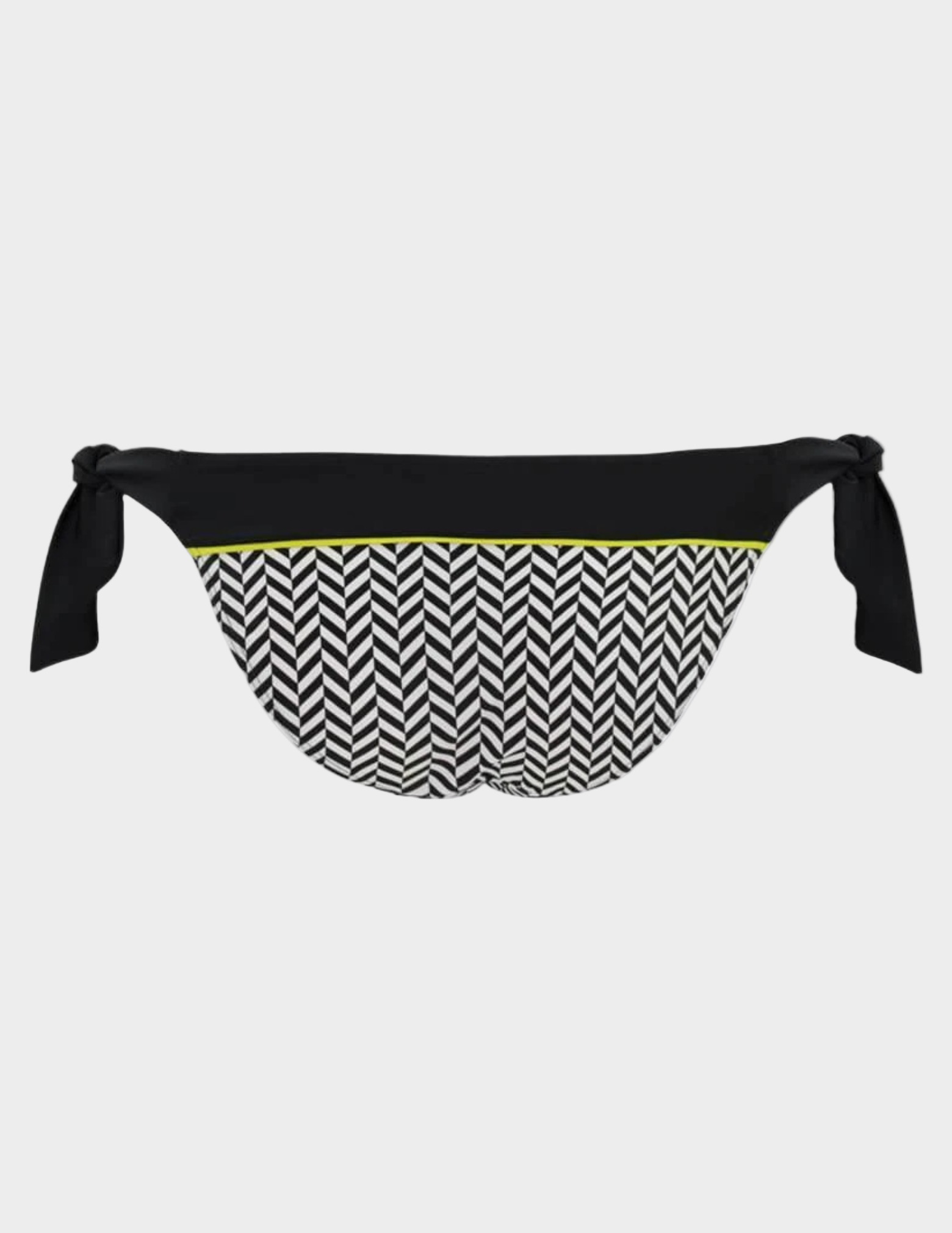 back view of black and white geometric print swim bottom with tie sides