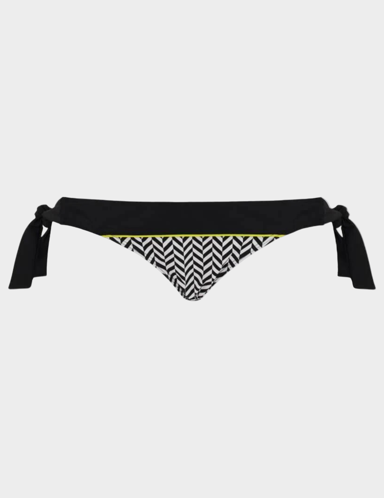 black and white geometric print swim bottom with green accent and black tie sides