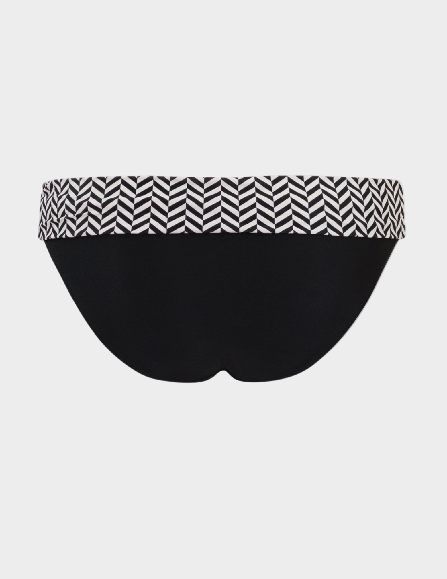 Black bikini bottom with a patterned waistband on a white background