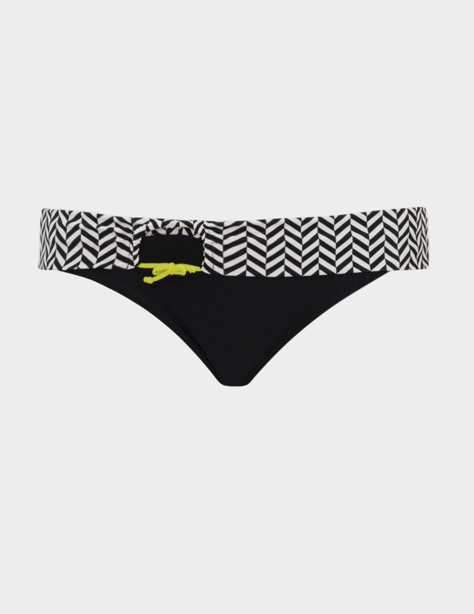 black and white geometric print fold over swim bottom with tie cut out detail