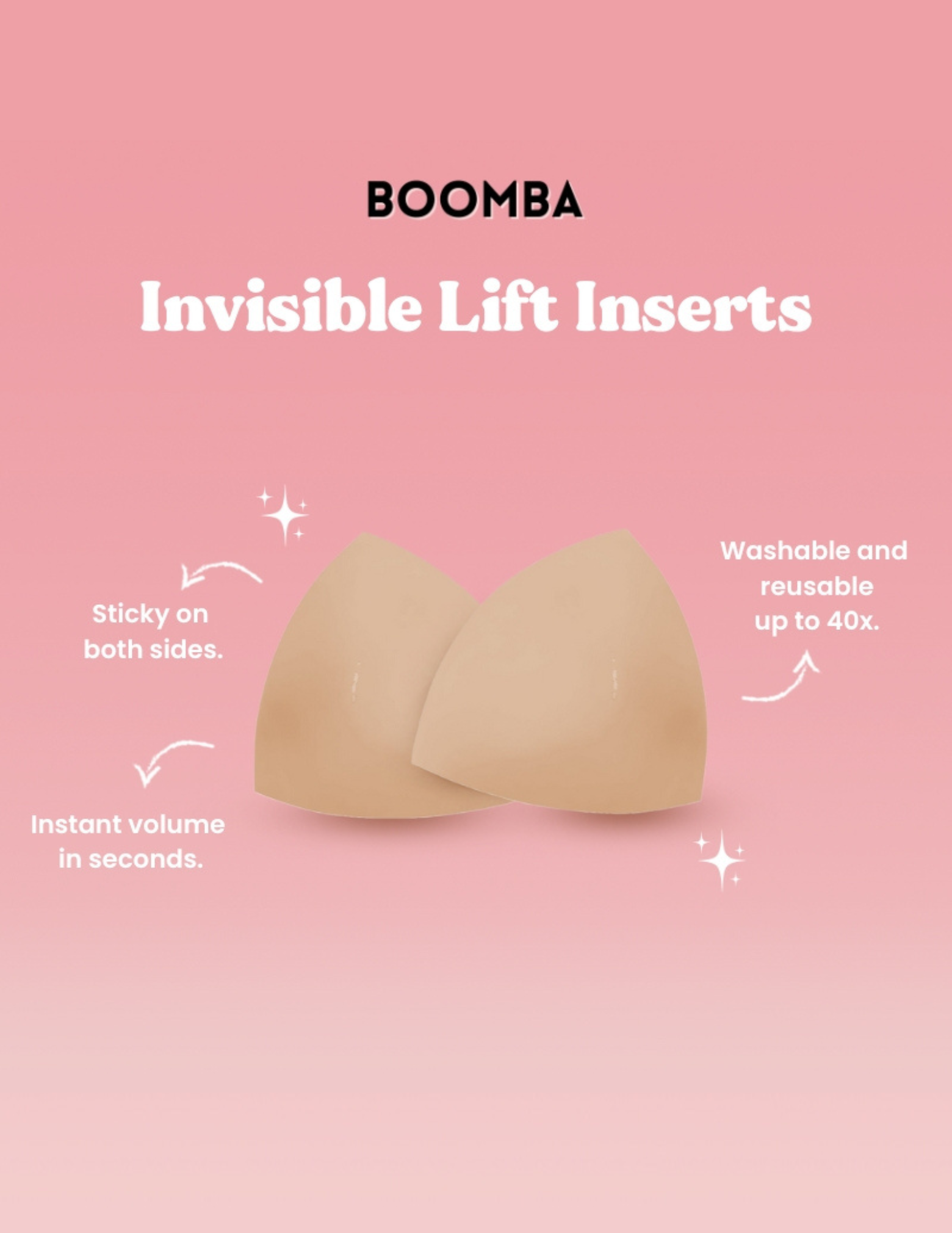 Boomba Invisible Lift Inserts on a pink background with text highlighting features.