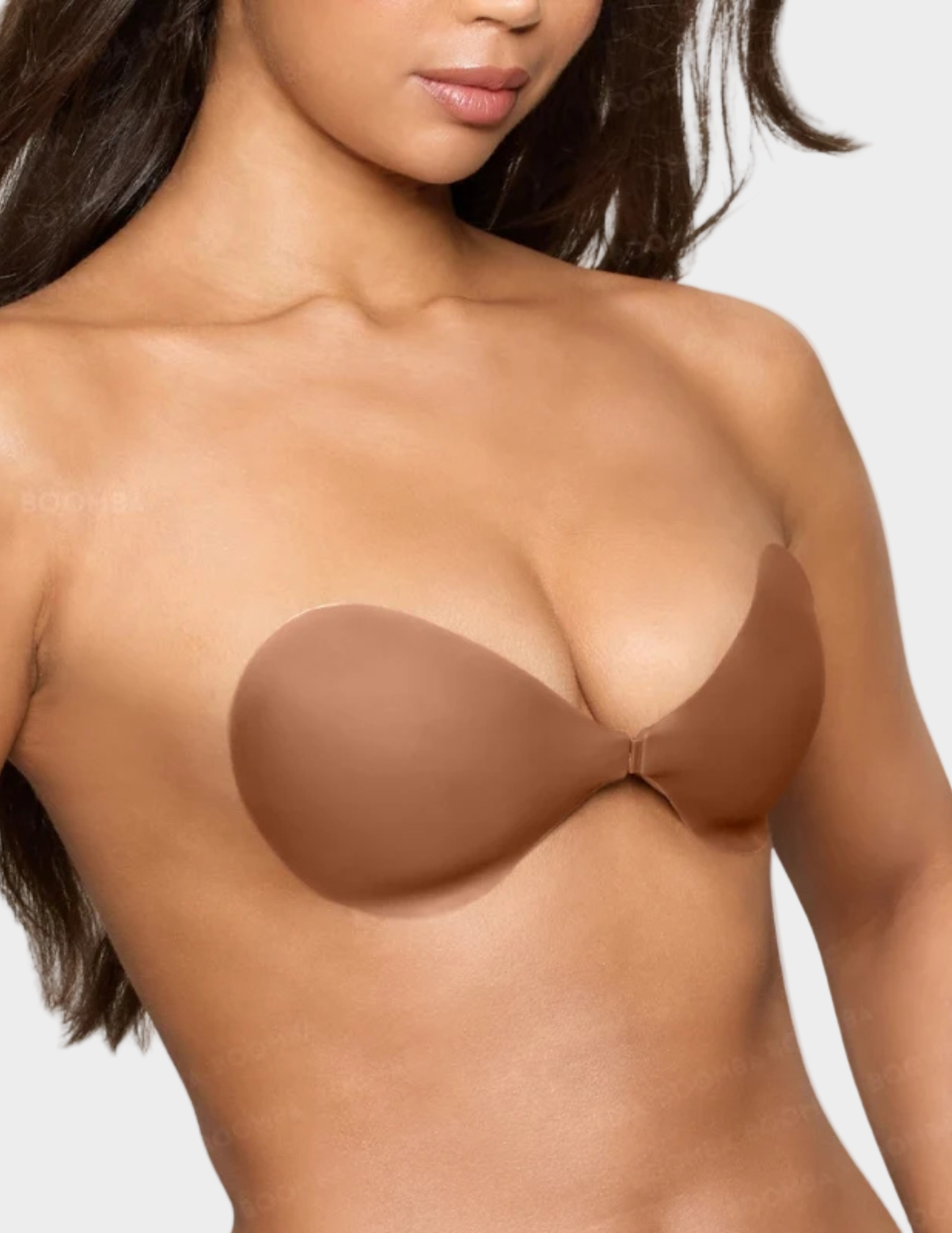 woman wearing tan front close sticky bra